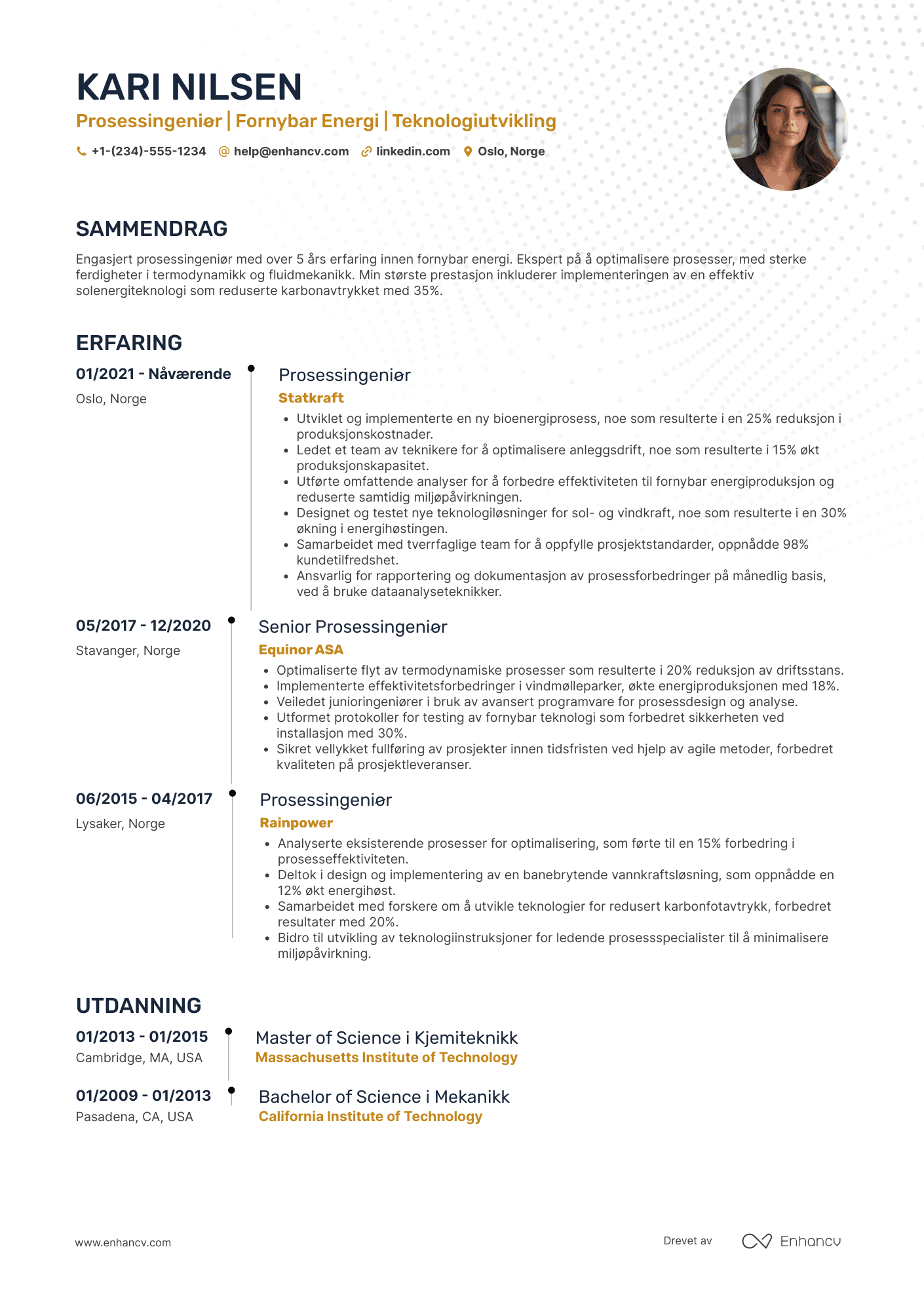 CV for Prosessingeniør for fornybar energi