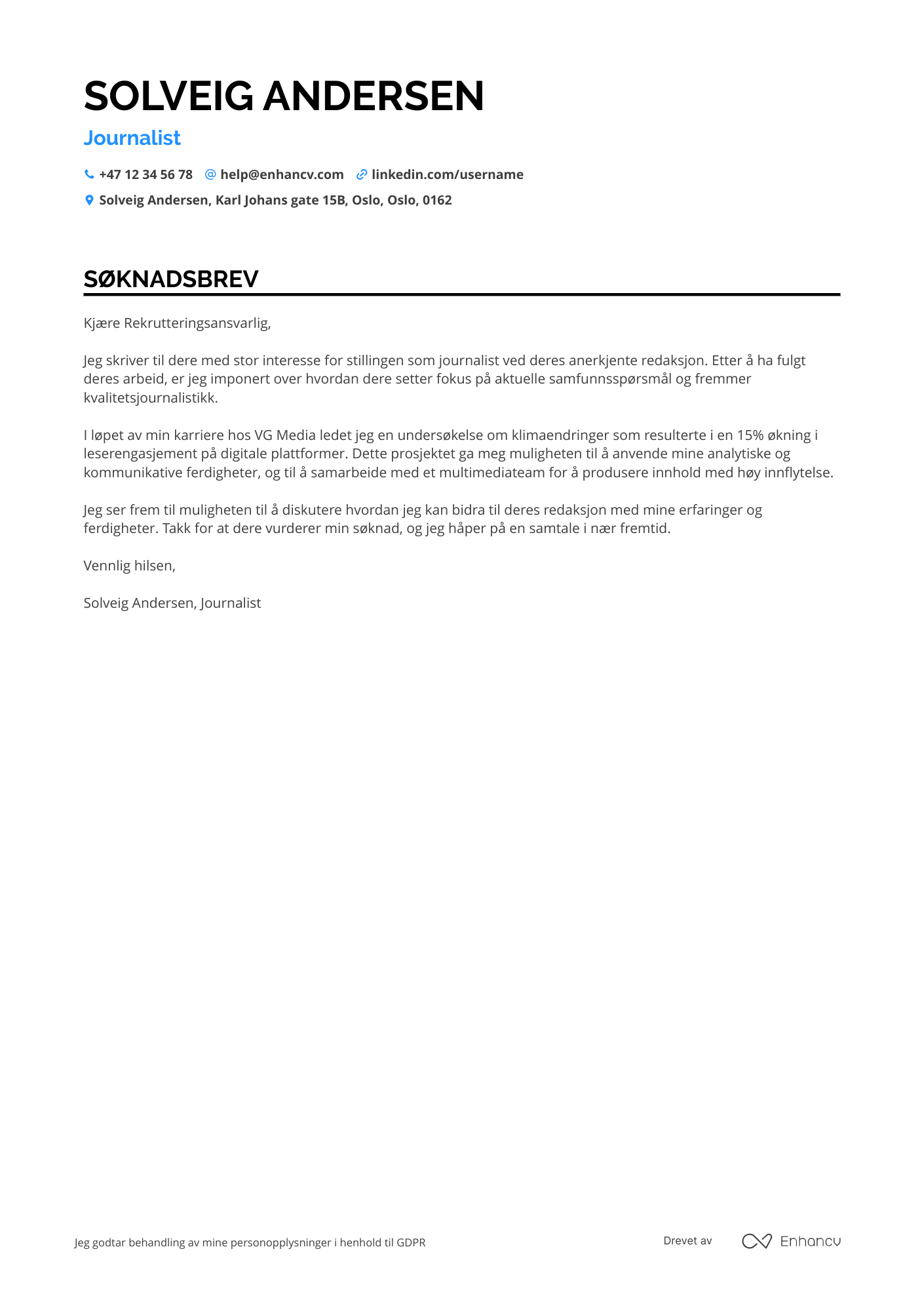 Søknadsbrev for Nyutdannede Journalist i mediebransjen