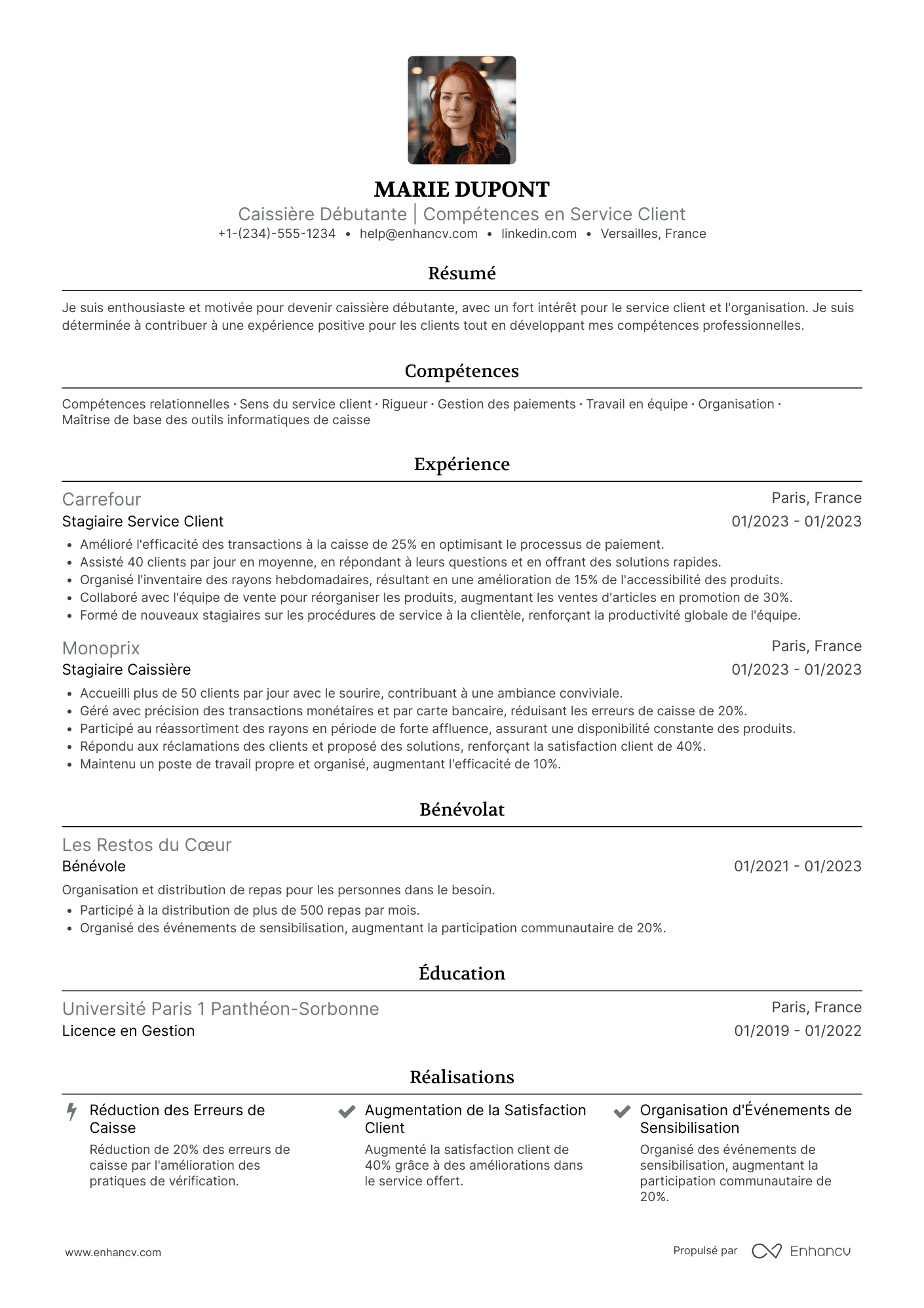 CV de caissière débutante