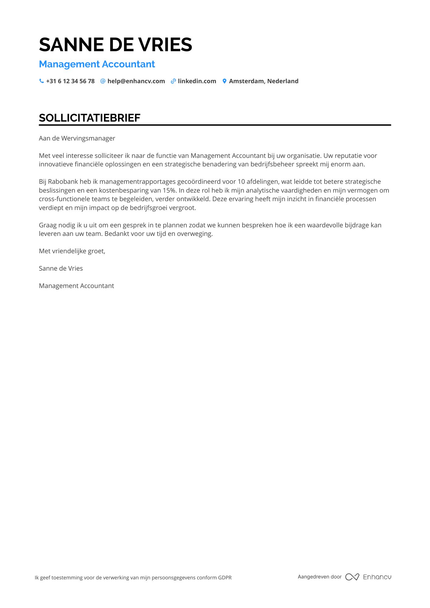 Sollicitatiebrief voor Management Accountant