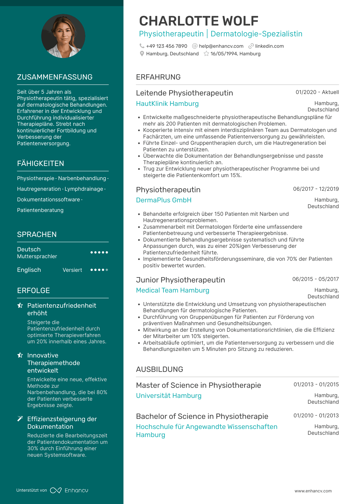 Lebenslauf als Physiotherapeut in der Dermatologie