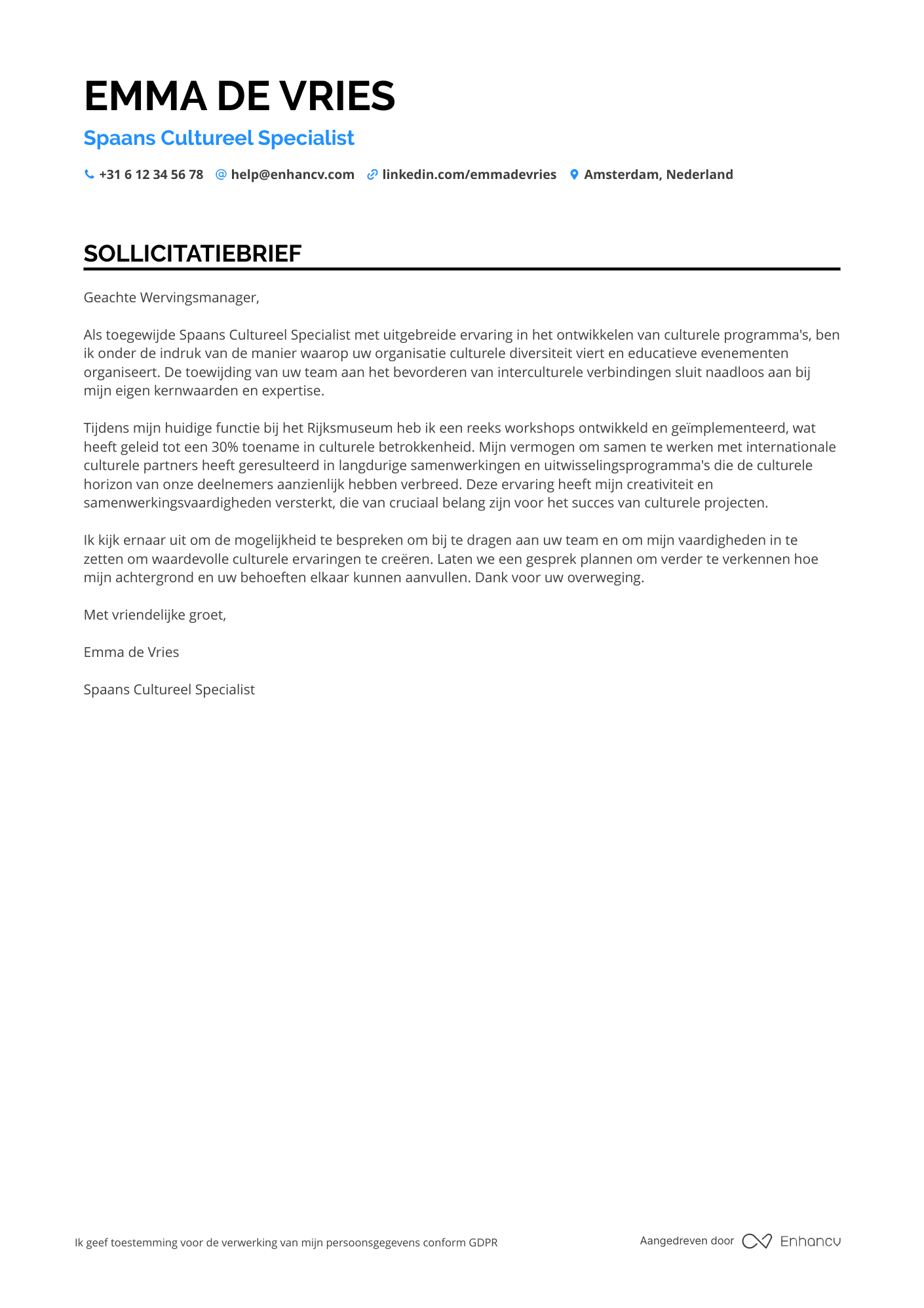 Sollicitatiebrief voor Spaans Cultureel Specialist