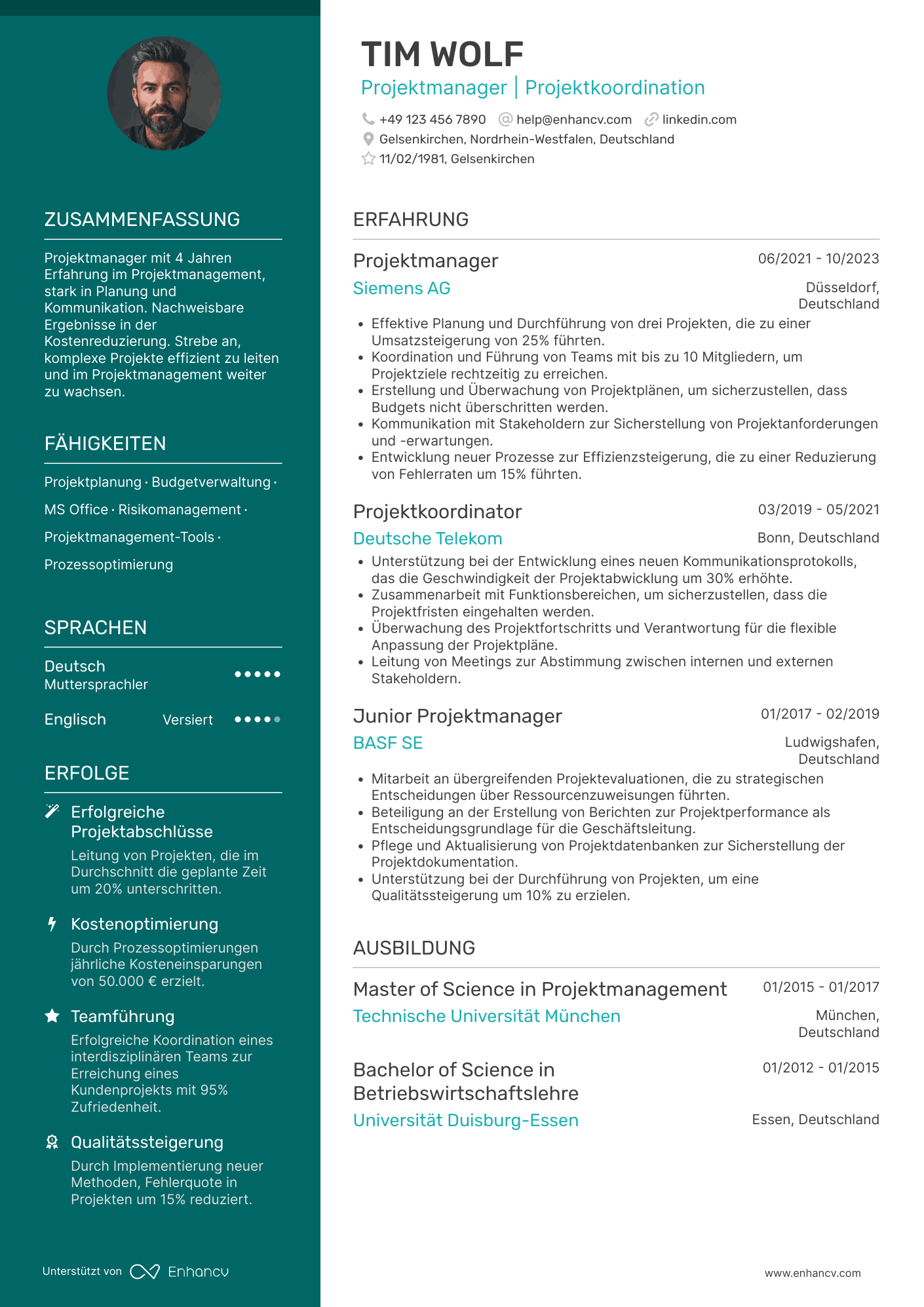 Lebenslauf als Projektmanager mit erster Berufserfahrung