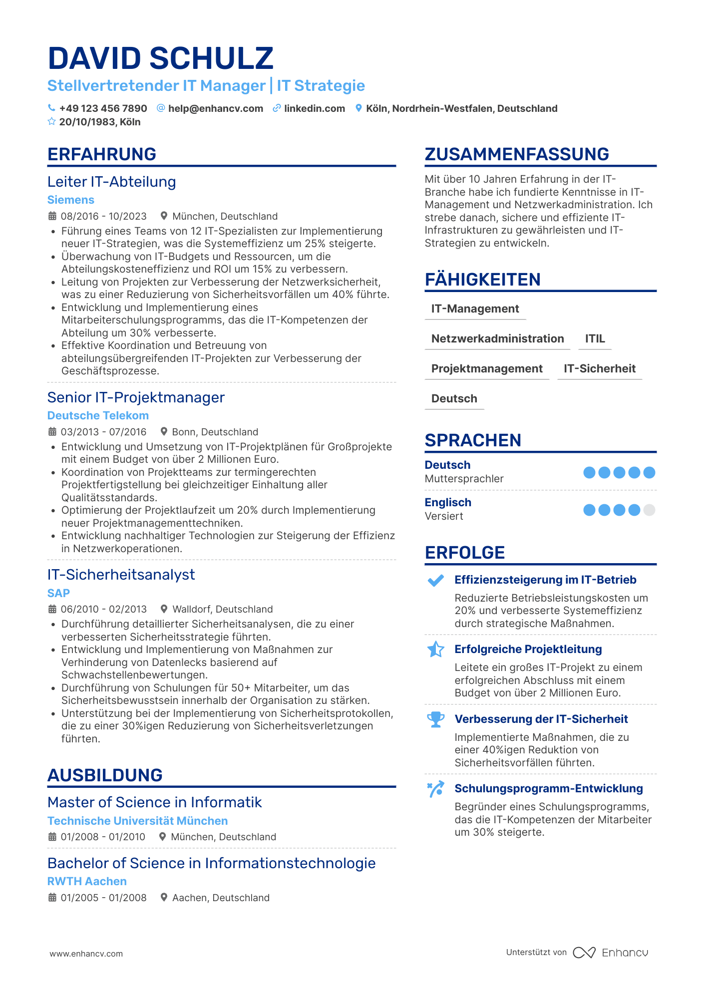 Lebenslauf als Stellvertretender Manager für IT