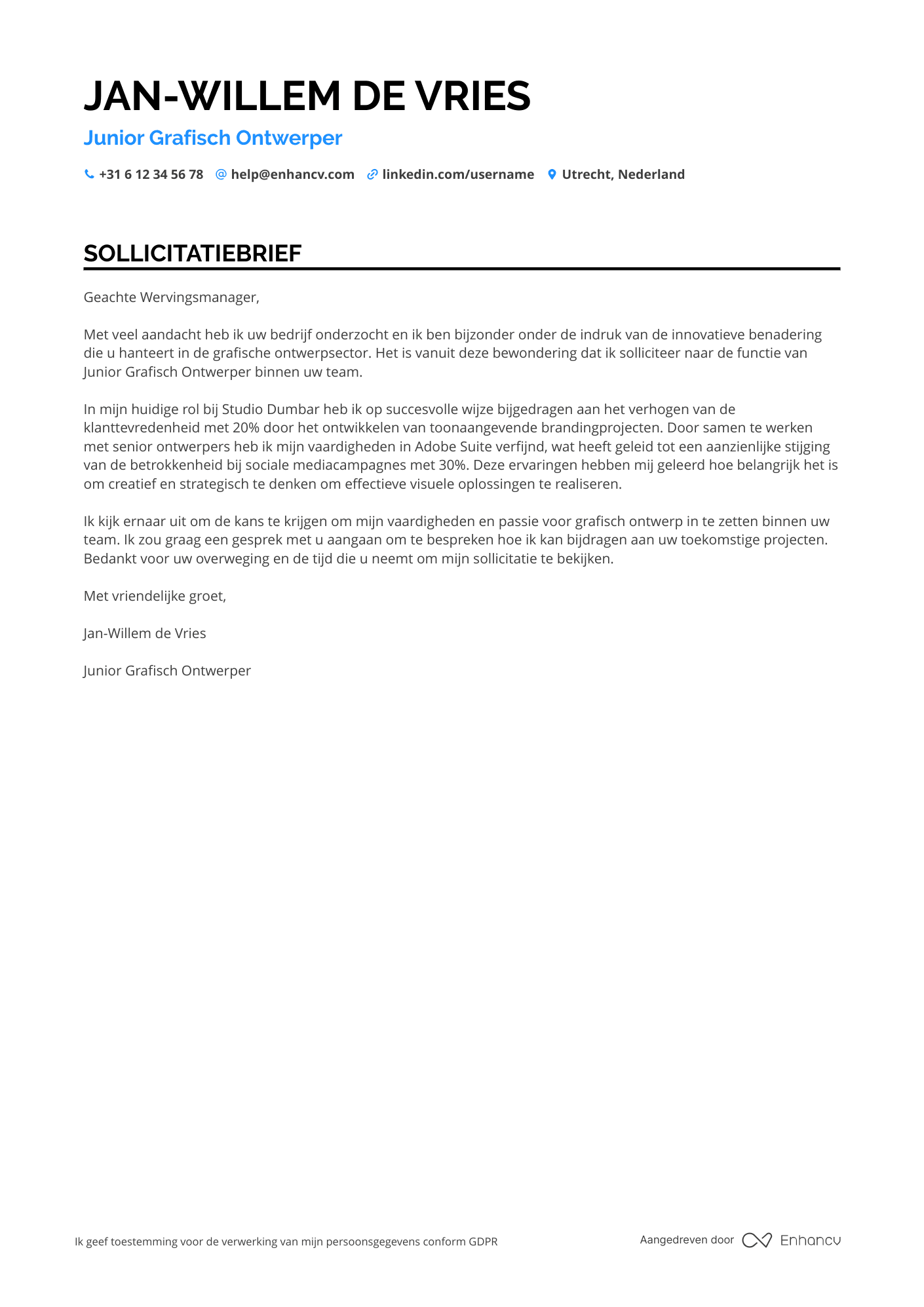 Sollicitatiebrief voor Junior Grafisch Ontwerper