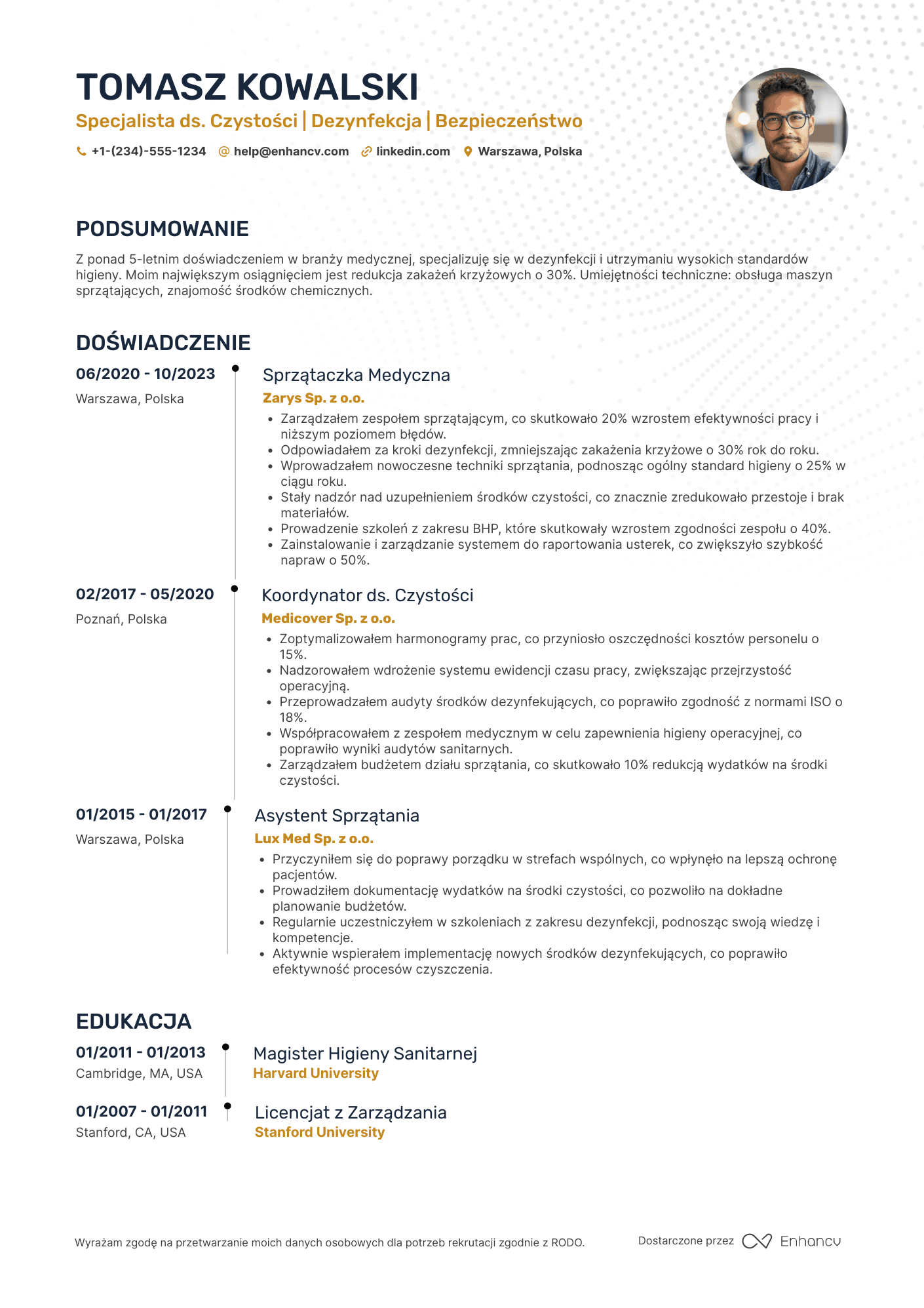 CV dla Sprzątaczka medyczna