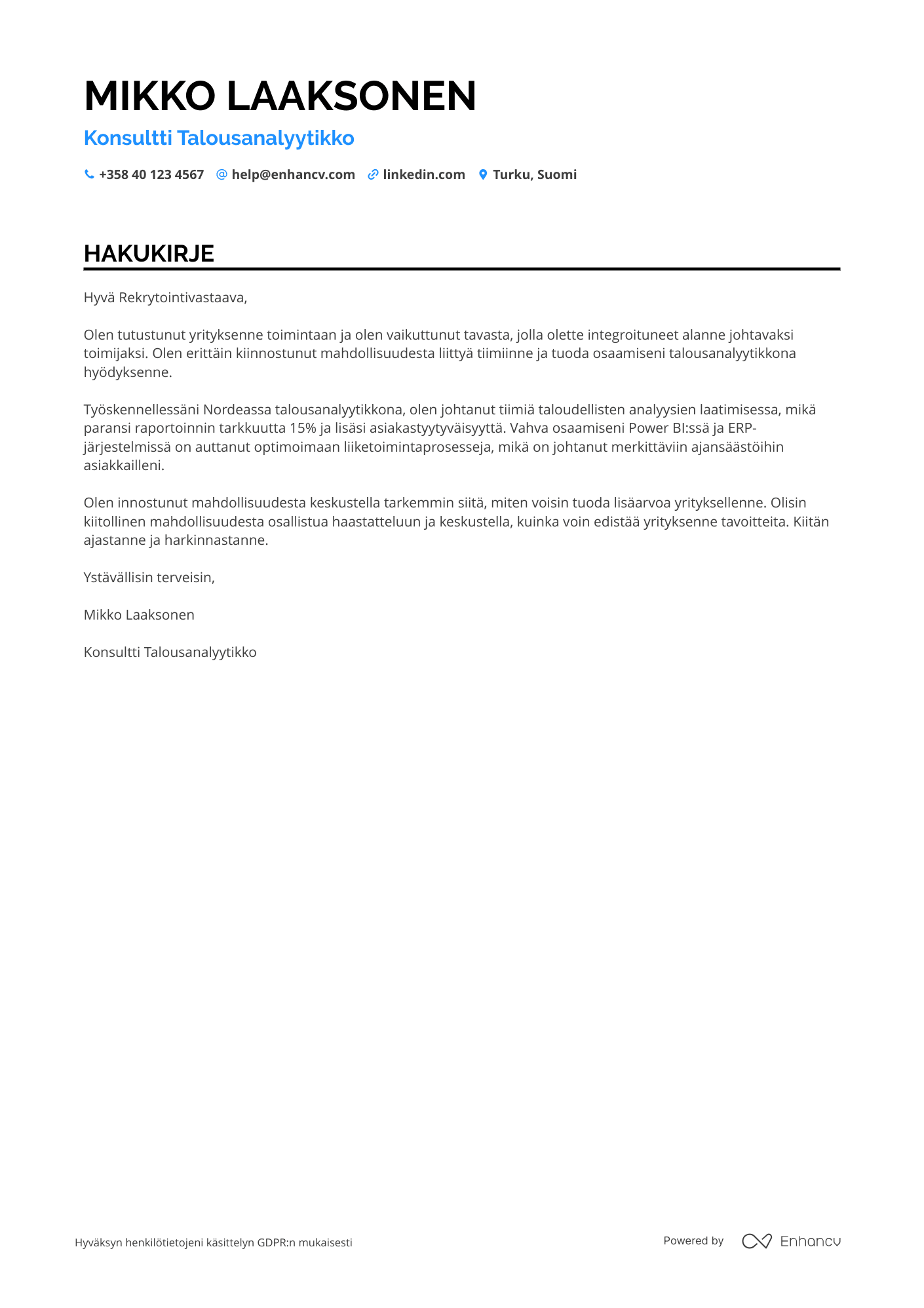 Hakukirje Consultant Talousanalyytikko