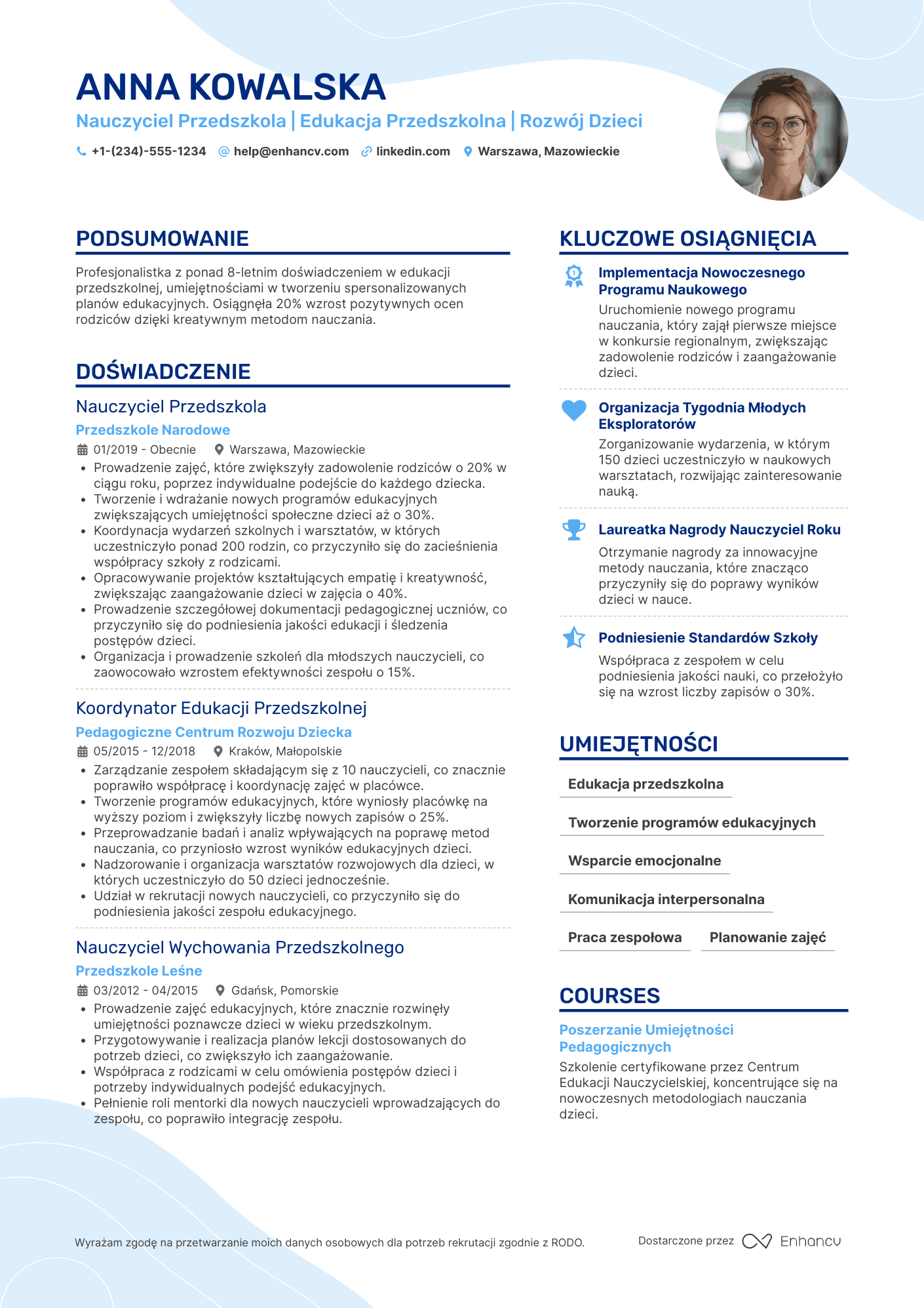 CV dla Nauczyciel Przedszkola w Szkole Publicznej