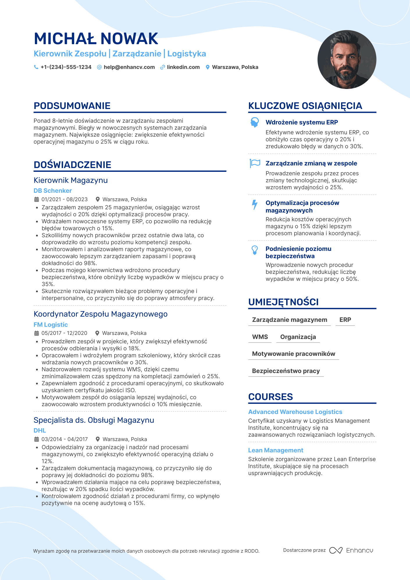 CV dla Magazynier Kierownik Zespołu