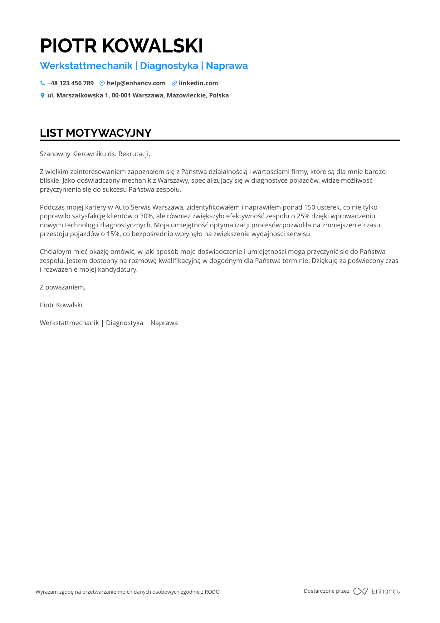 List motywacyjny dla Werkstattmechanik