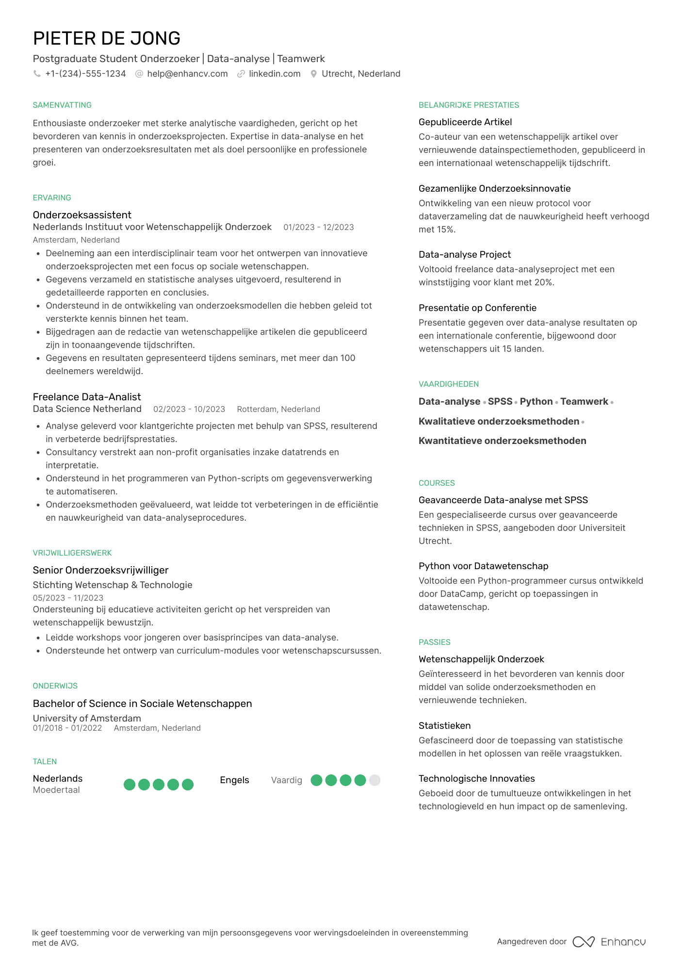 CV voor Postgraduate Student Onderzoeker
