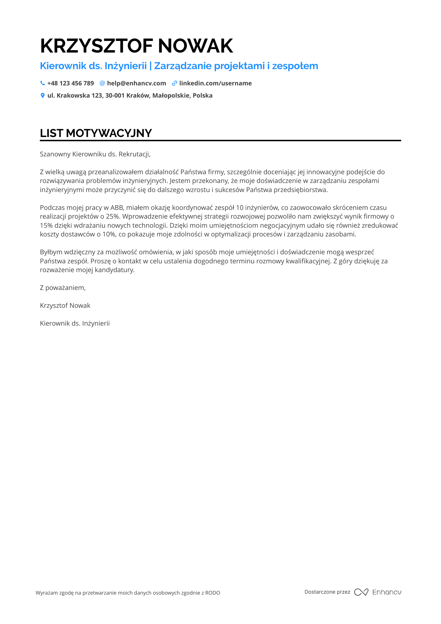 List motywacyjny dla Kierownik ds. Inżynierii