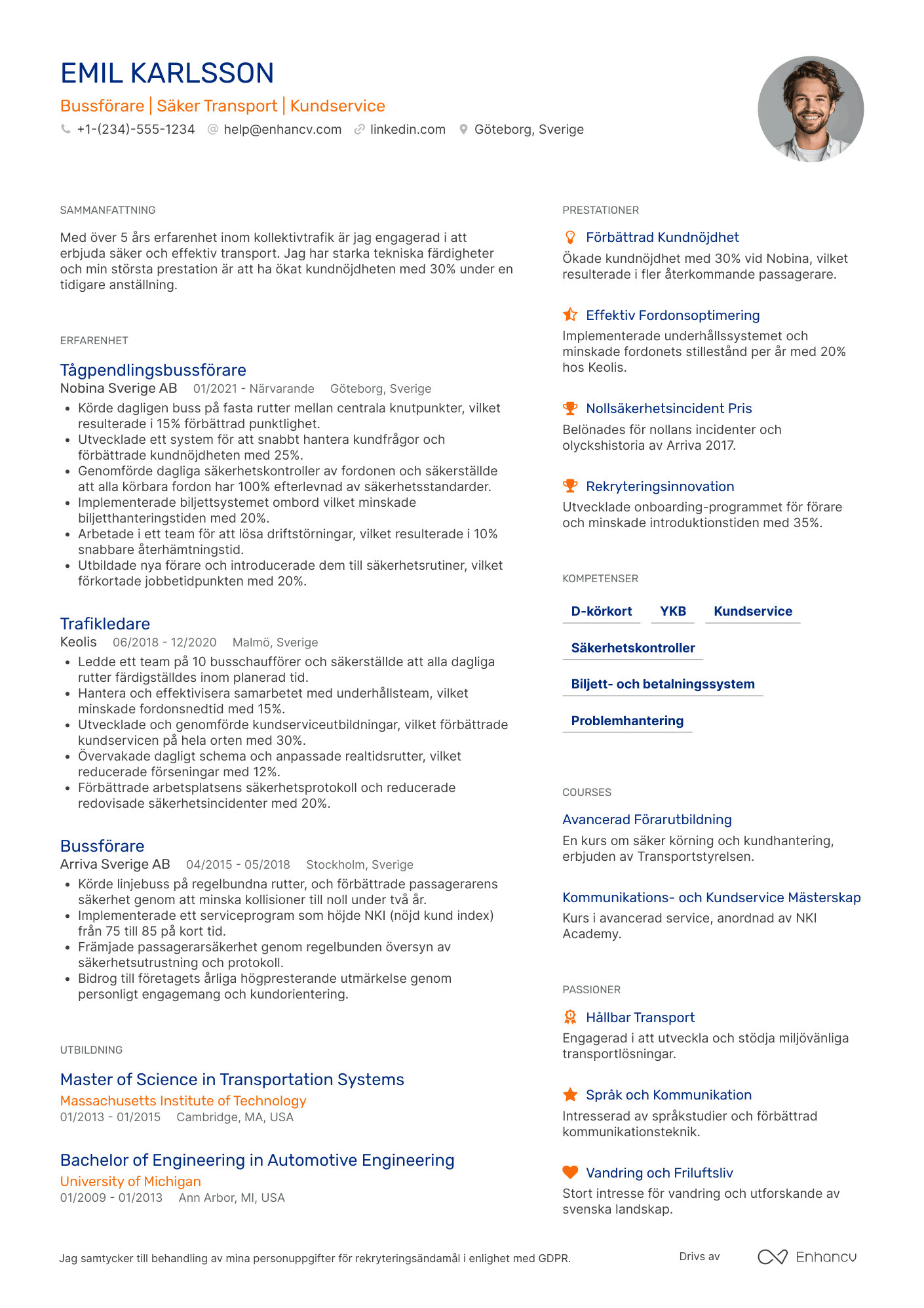 CV för Tågpendlingsbussförare