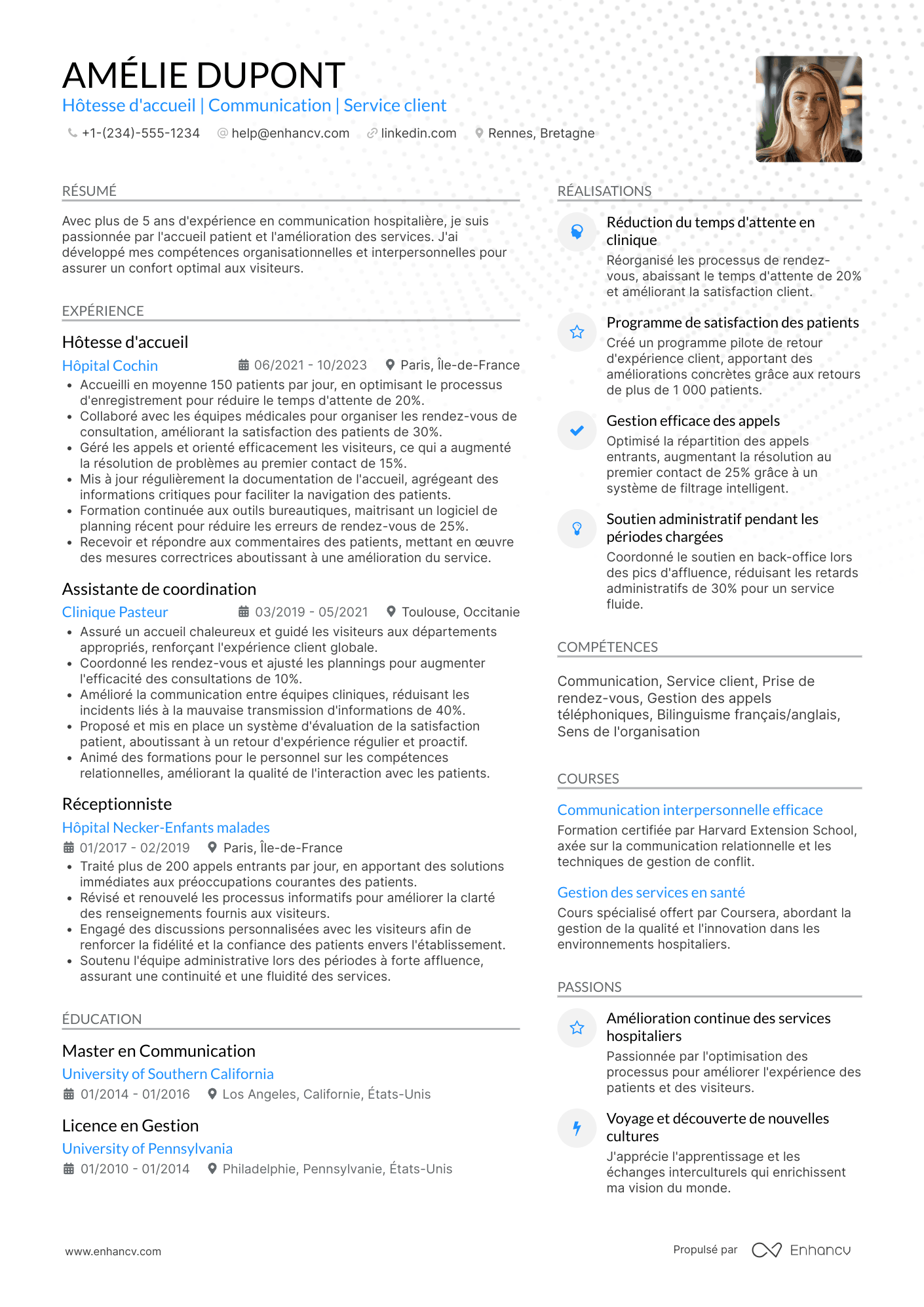 CV d’hôtesse&nbsp;d'accueil en hôpital