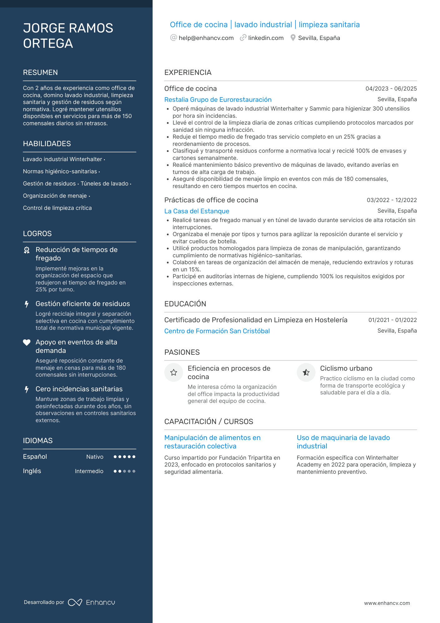 Ejemplo de currículum de un office de cocina