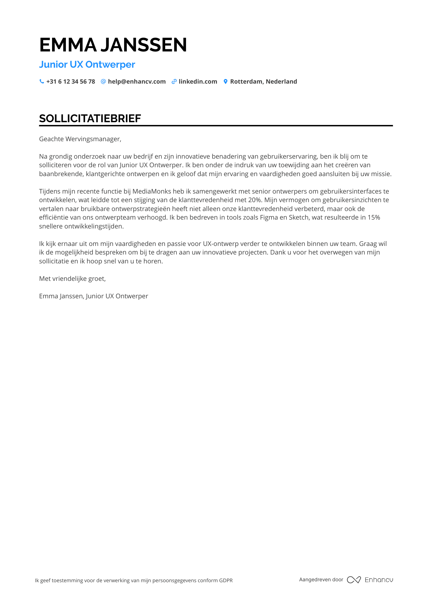 Sollicitatiebrief voor Junior UX Ontwerper