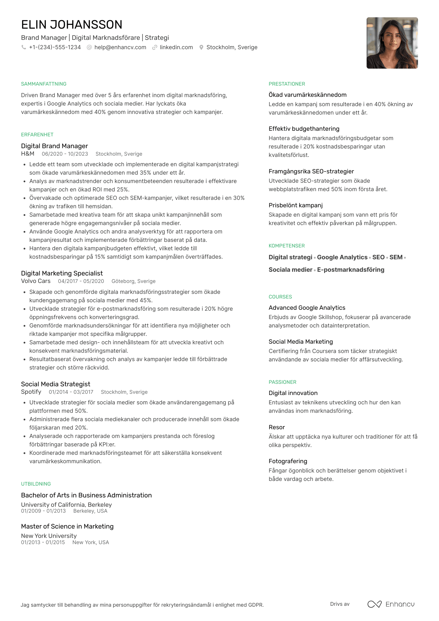 CV för Brand Manager Digital Marknadsförare