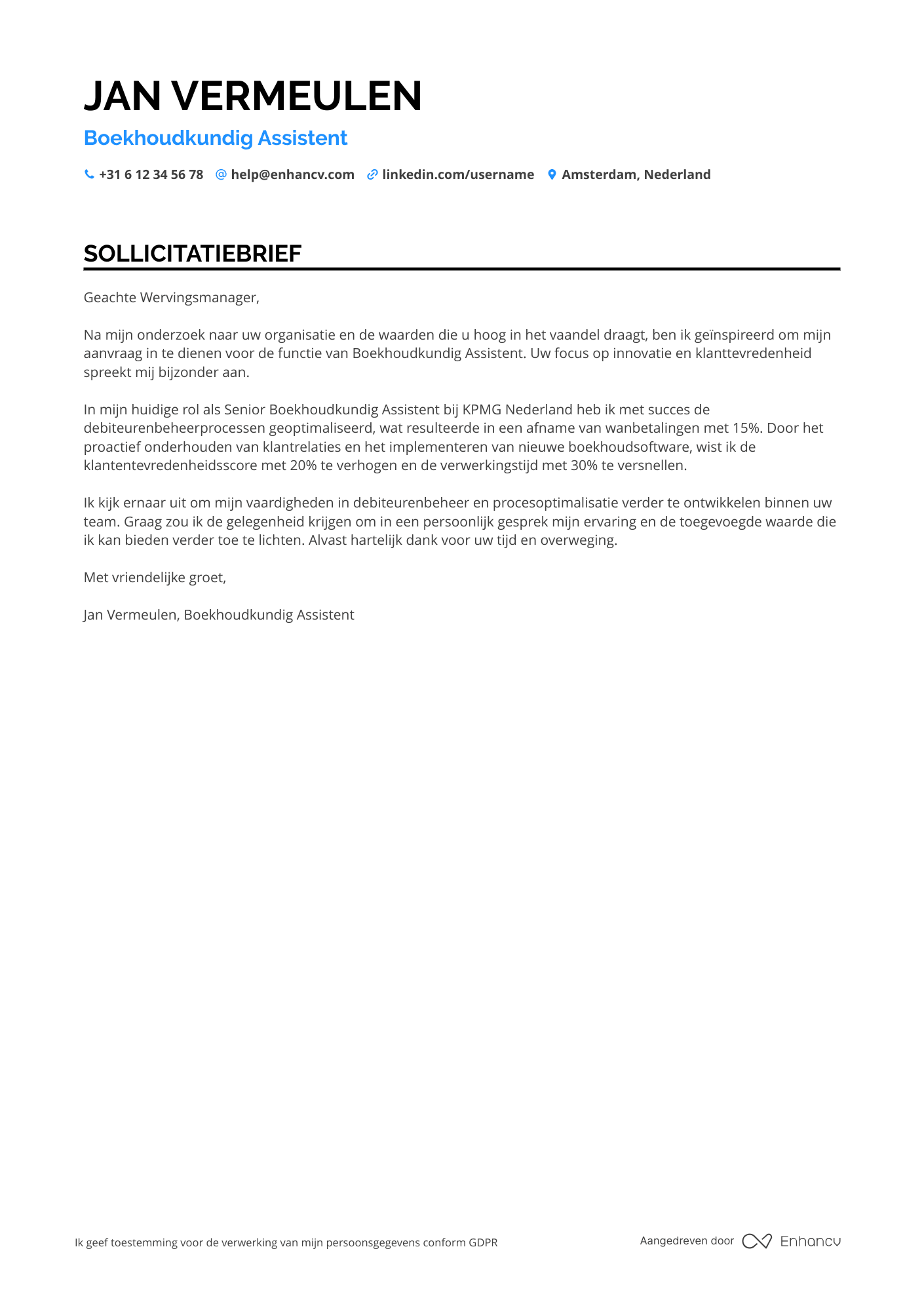 Sollicitatiebrief voor Boekhoudkundig Assistent Debiteurenbeheer