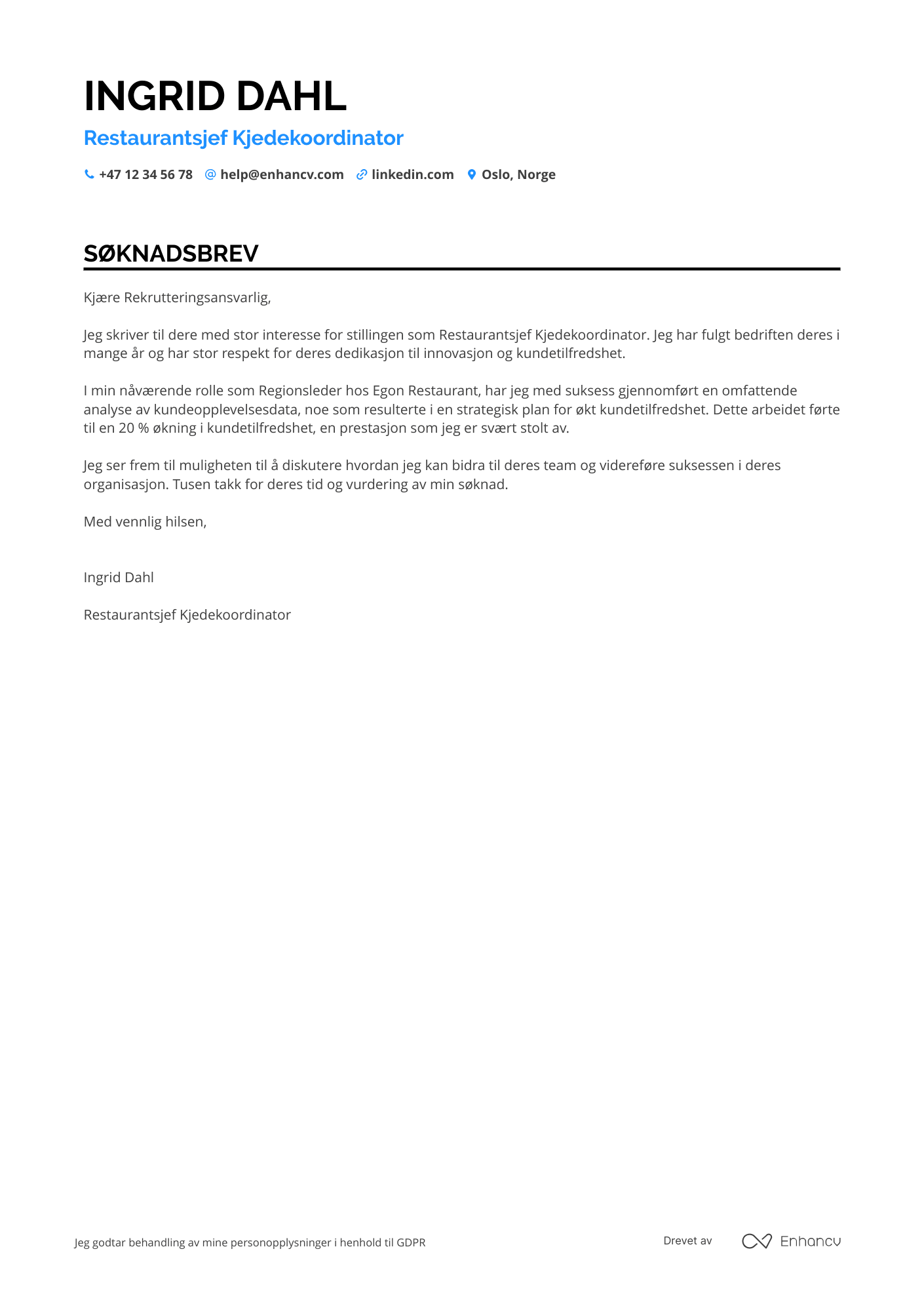 Søknadsbrev for Restaurantsjef Kjedekoordinator