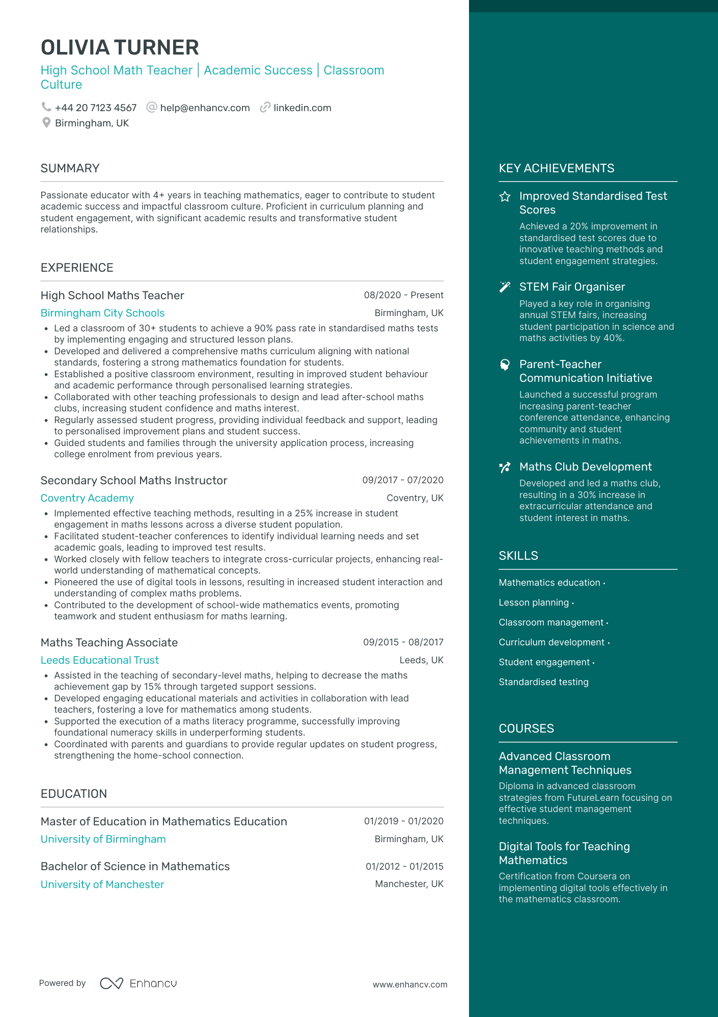 Math Teacher for Higher Education CV Examples