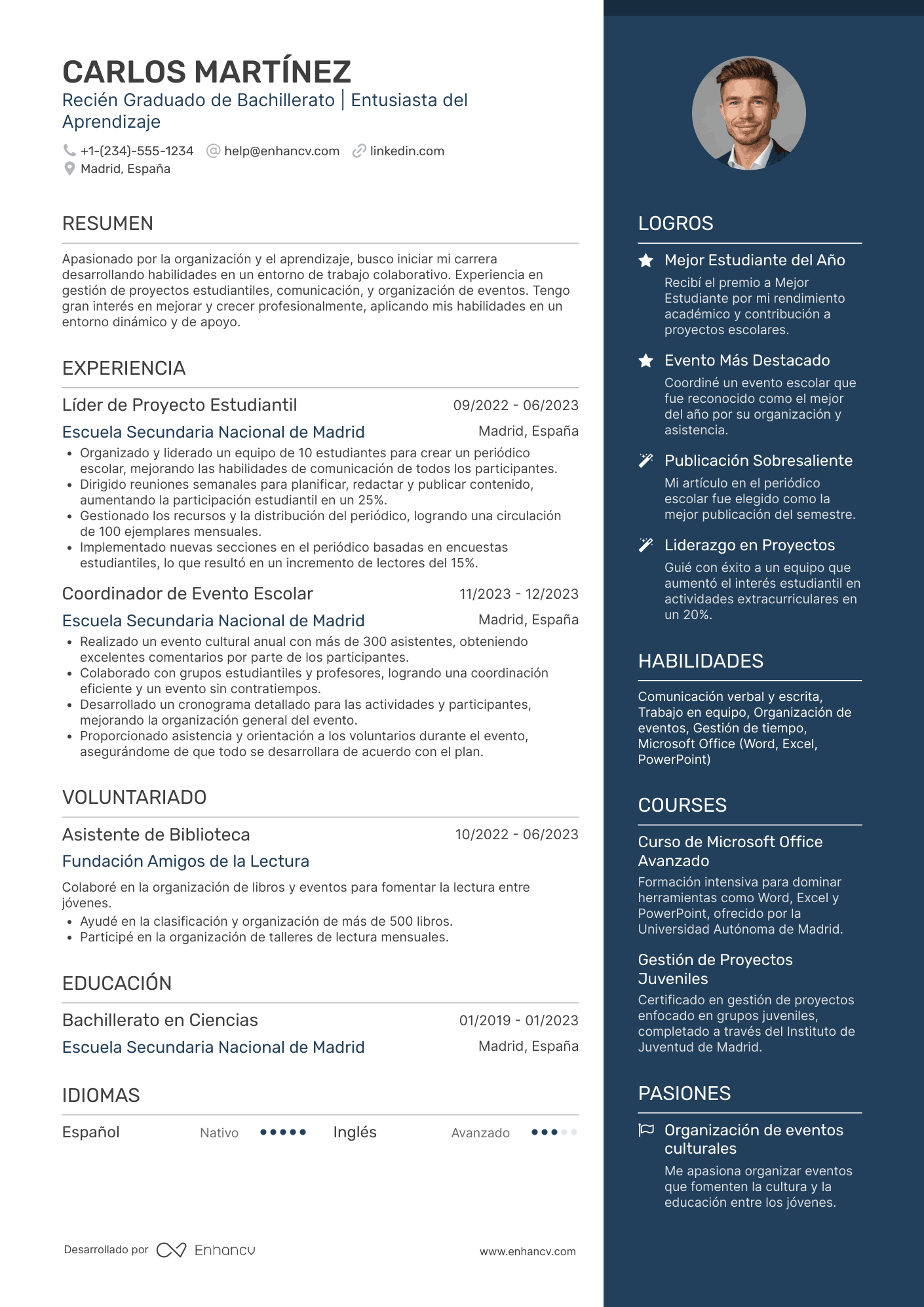 Ejemplo de currículum de recién graduado de bachillerato