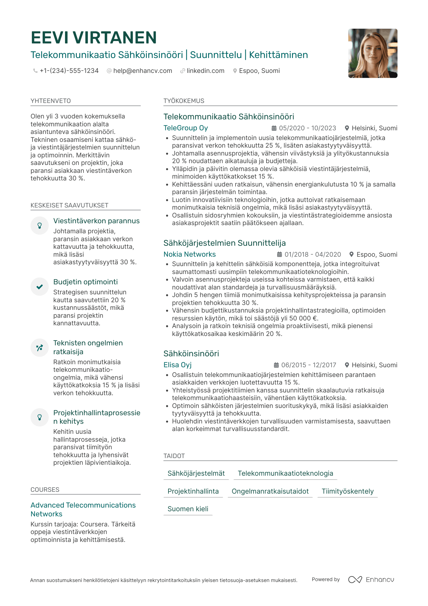 Ansioluettelo Telekommunikaatio Sähköinsinööri