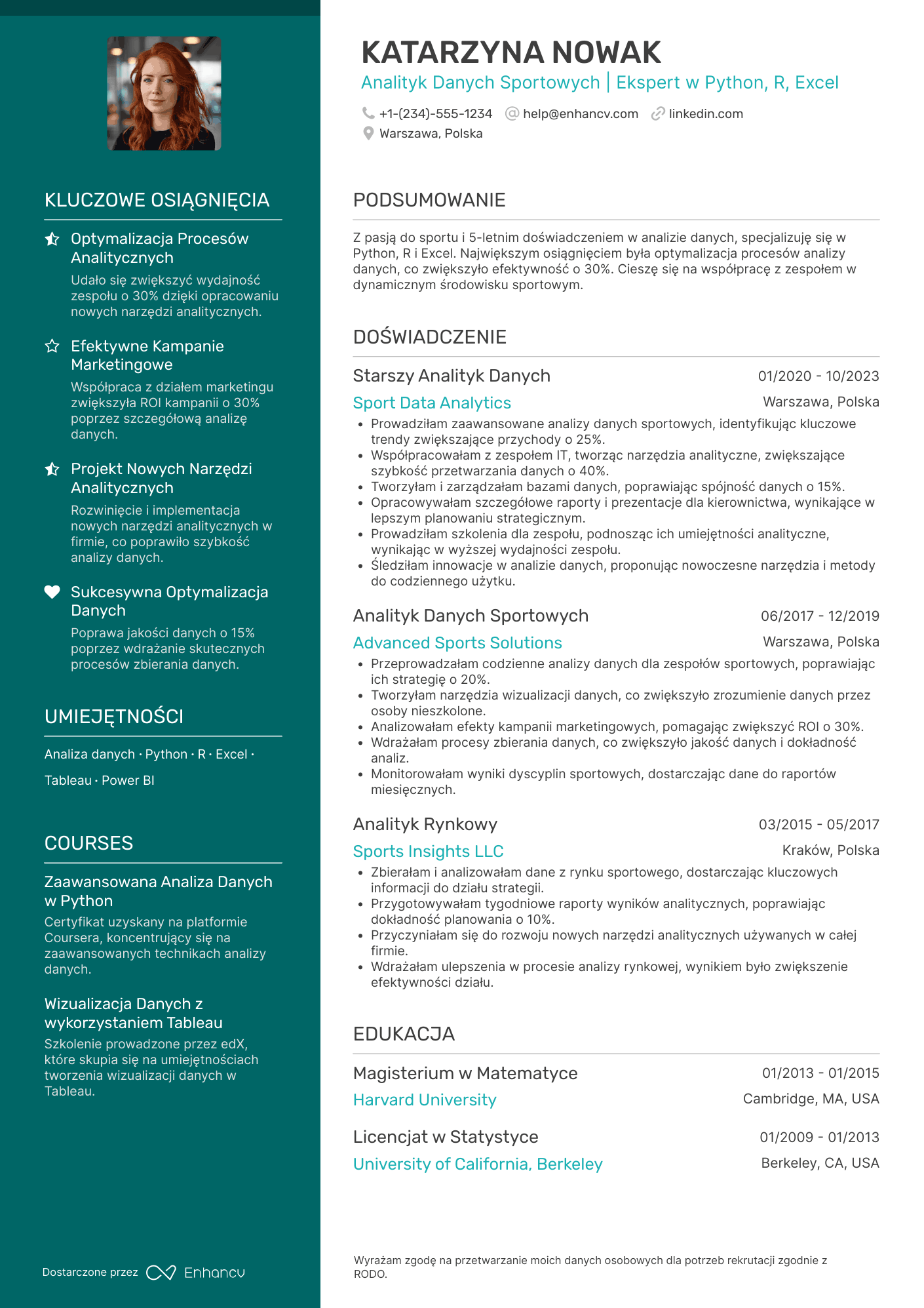CV dla Analityk Sportowy