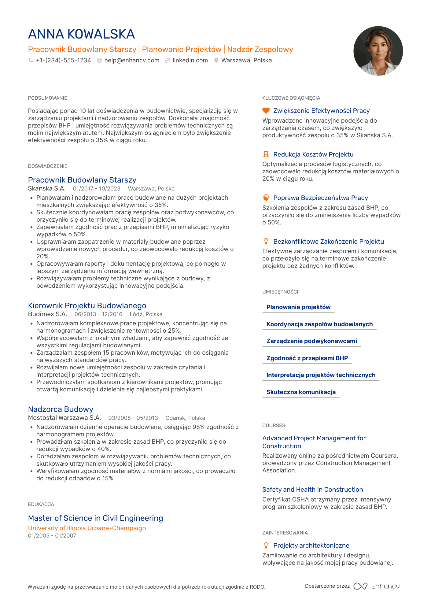 CV dla Pracownik Budowlany Starszy