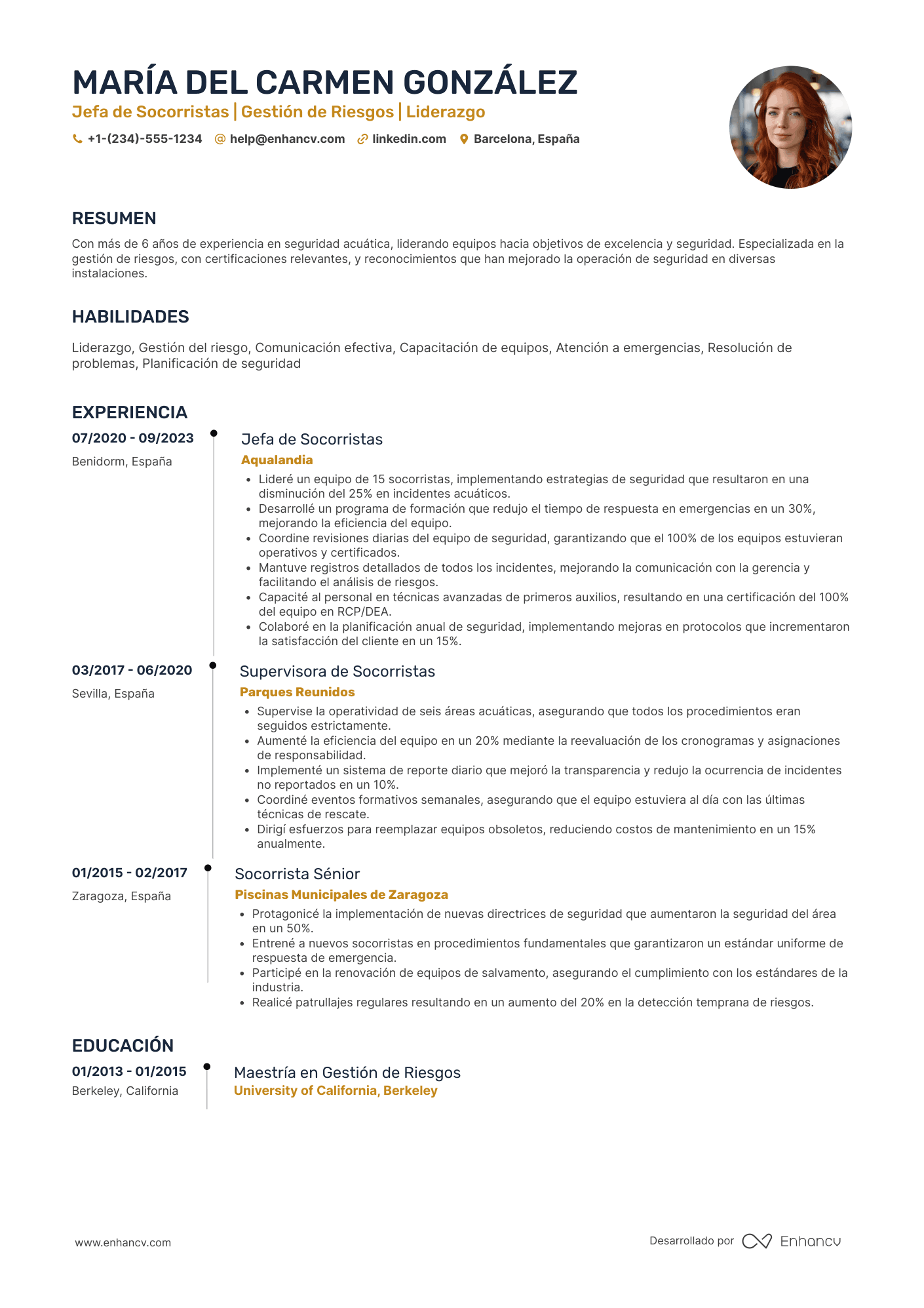 Ejemplo de CV de jefe de puesto de socorrista