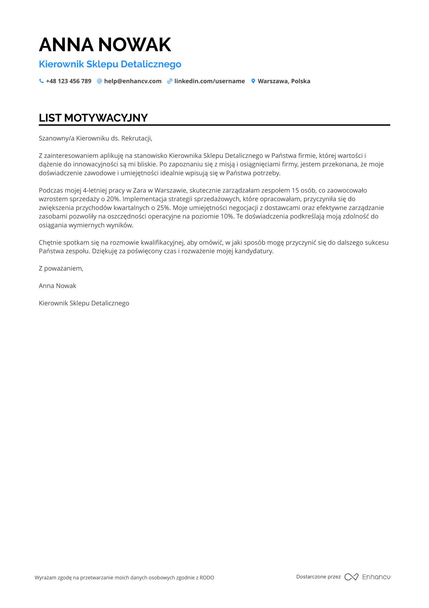 List motywacyjny dla Kierownik Sklepu Detalicznego