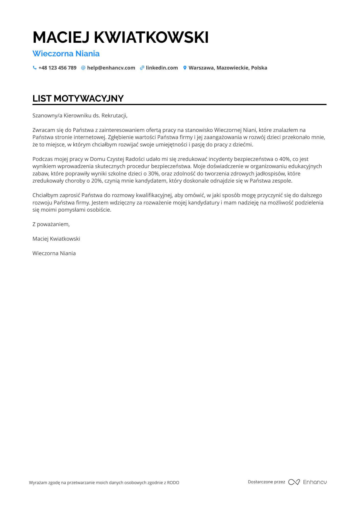 List motywacyjny dla Wieczorna Niania