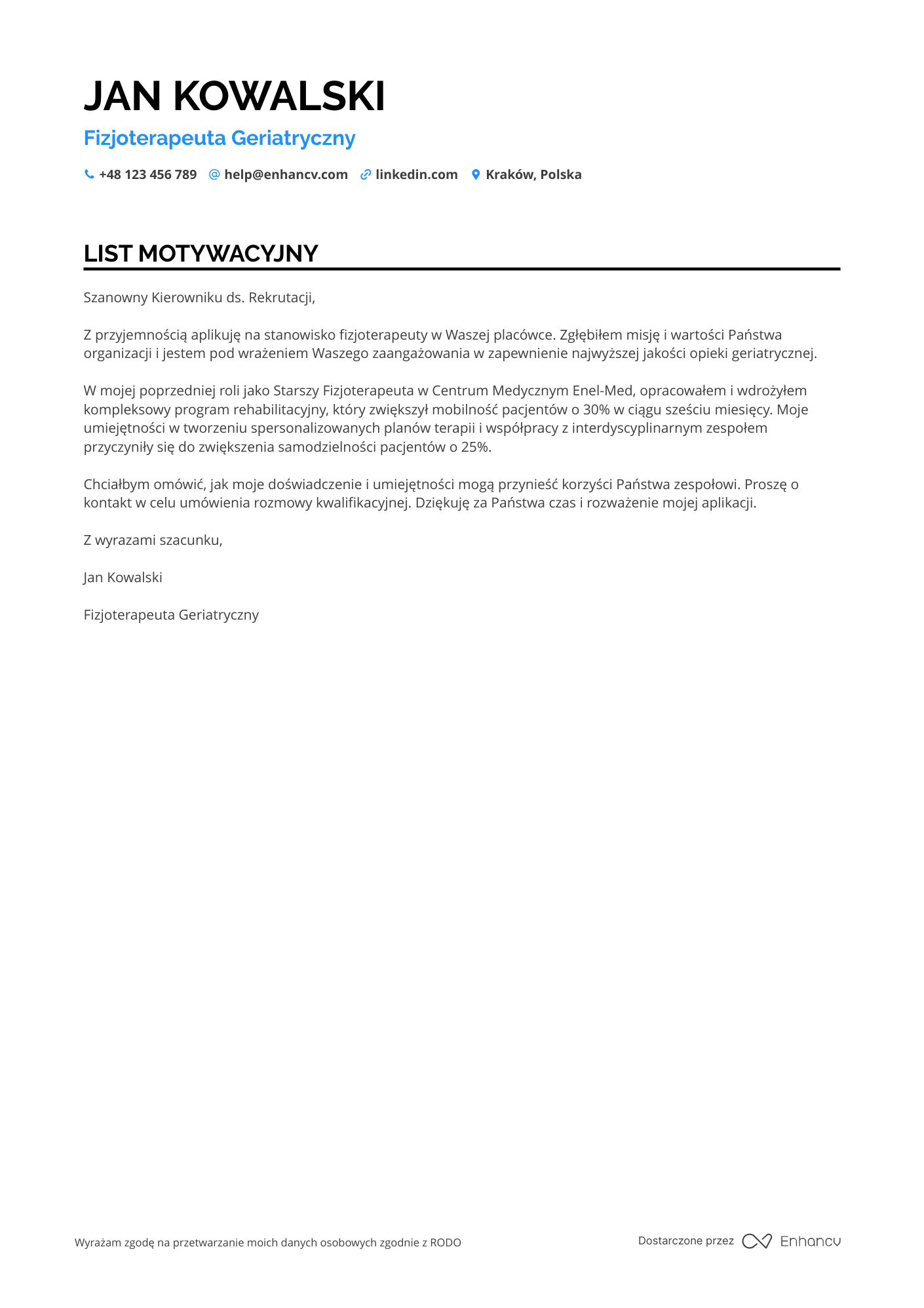 List motywacyjny dla Fizjoterapeuta Geriatryczny
