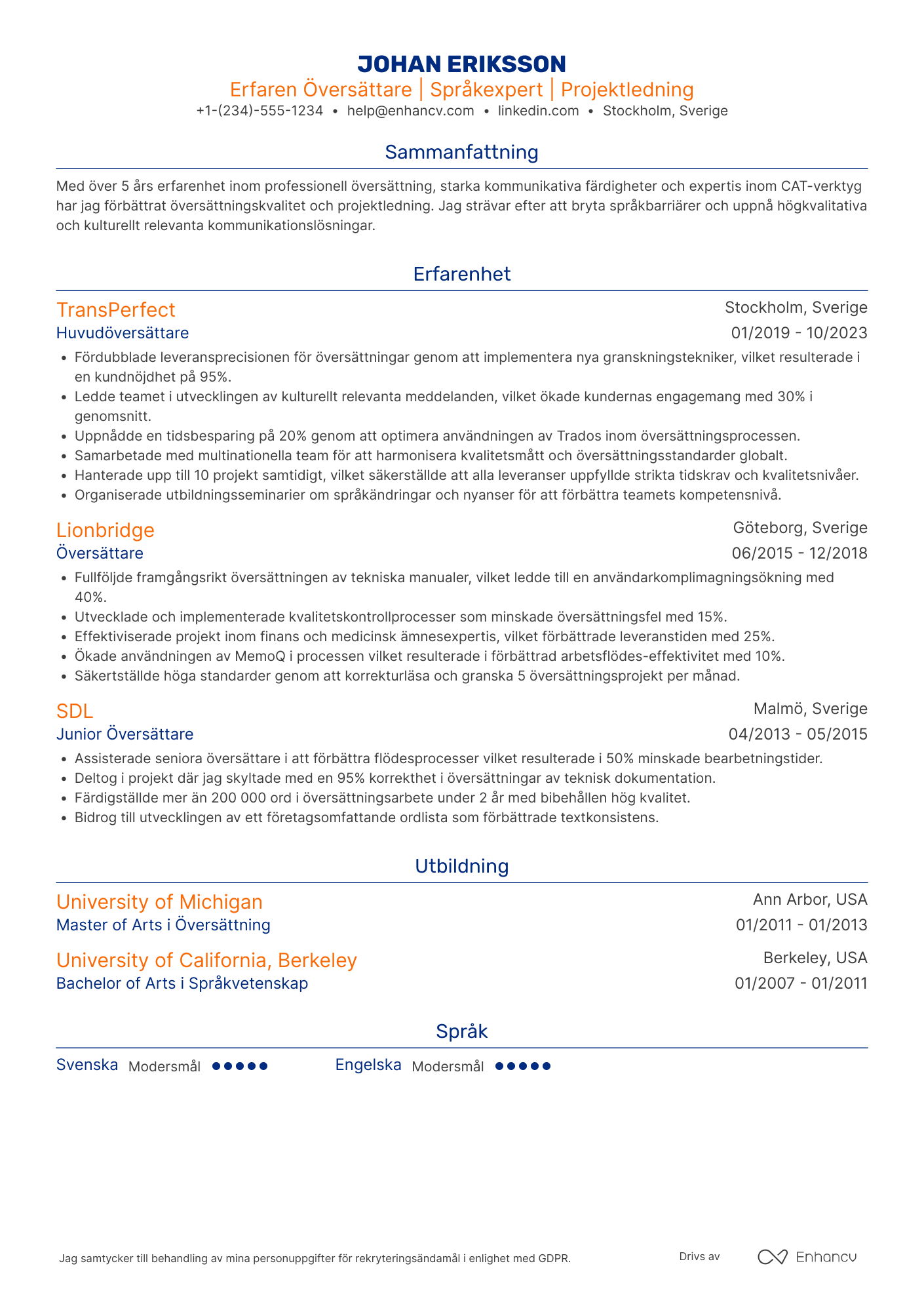 CV för Översättare Erfaren