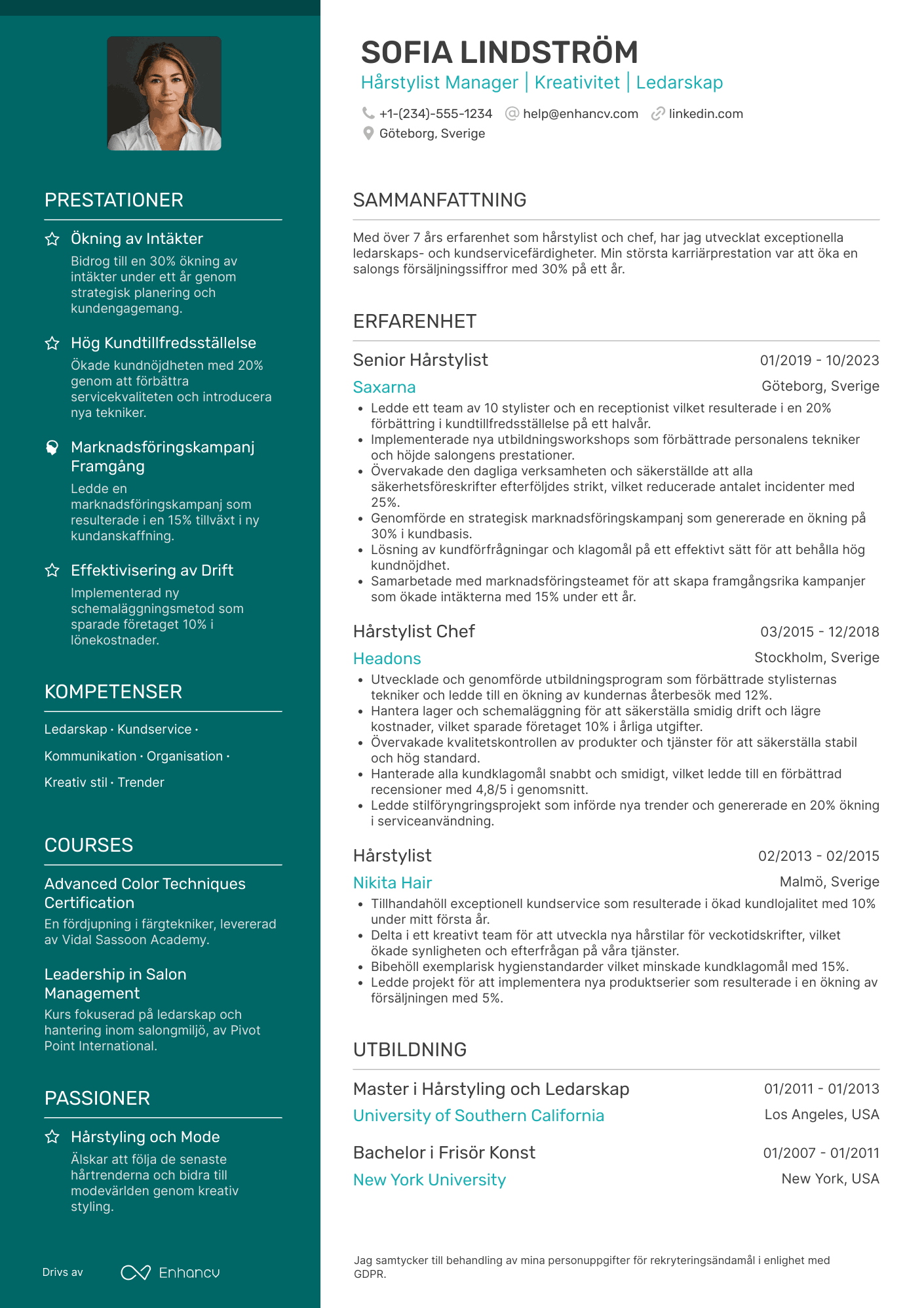 CV för Hårstylist Manager