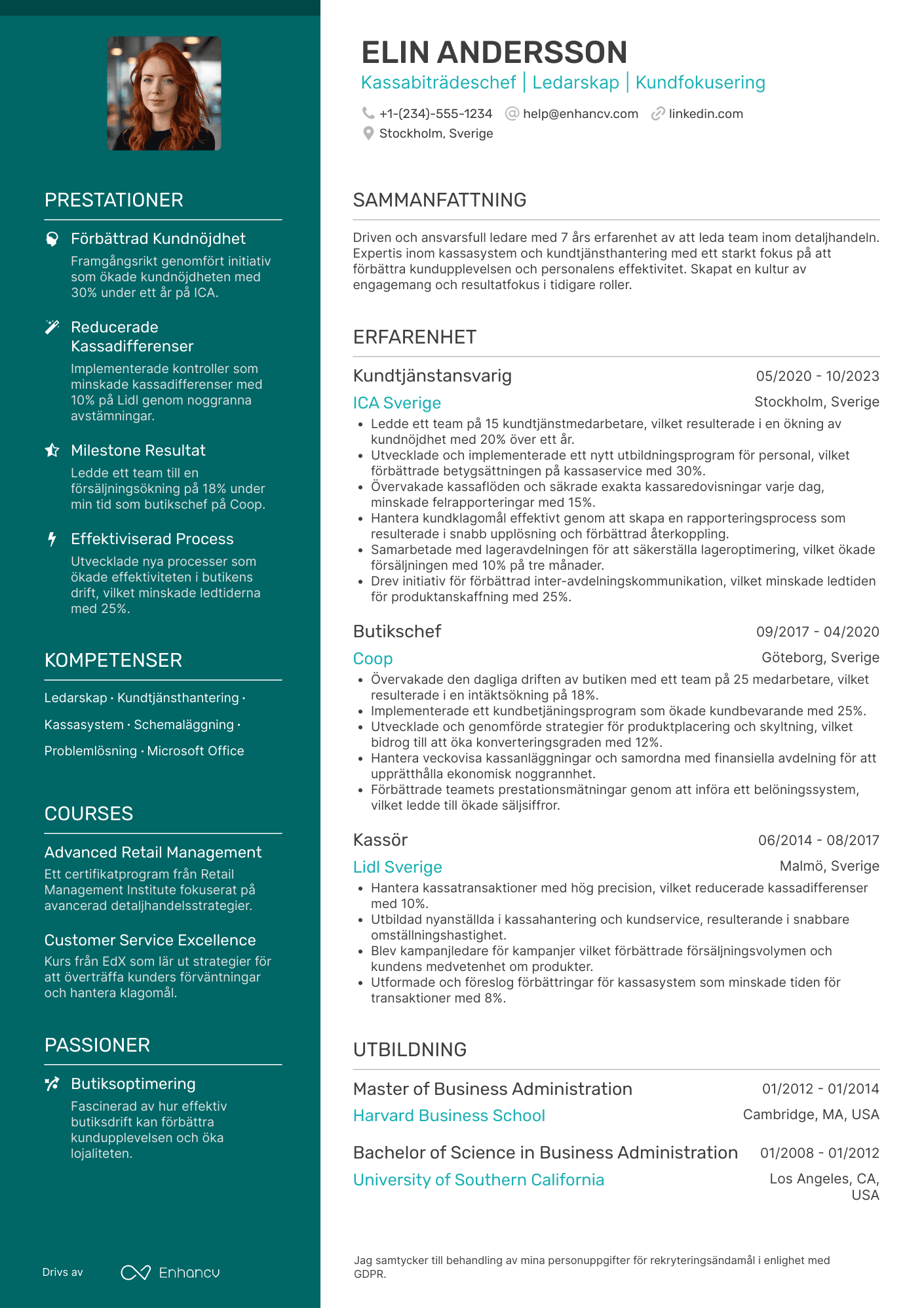 CV för Kassabiträdeschef