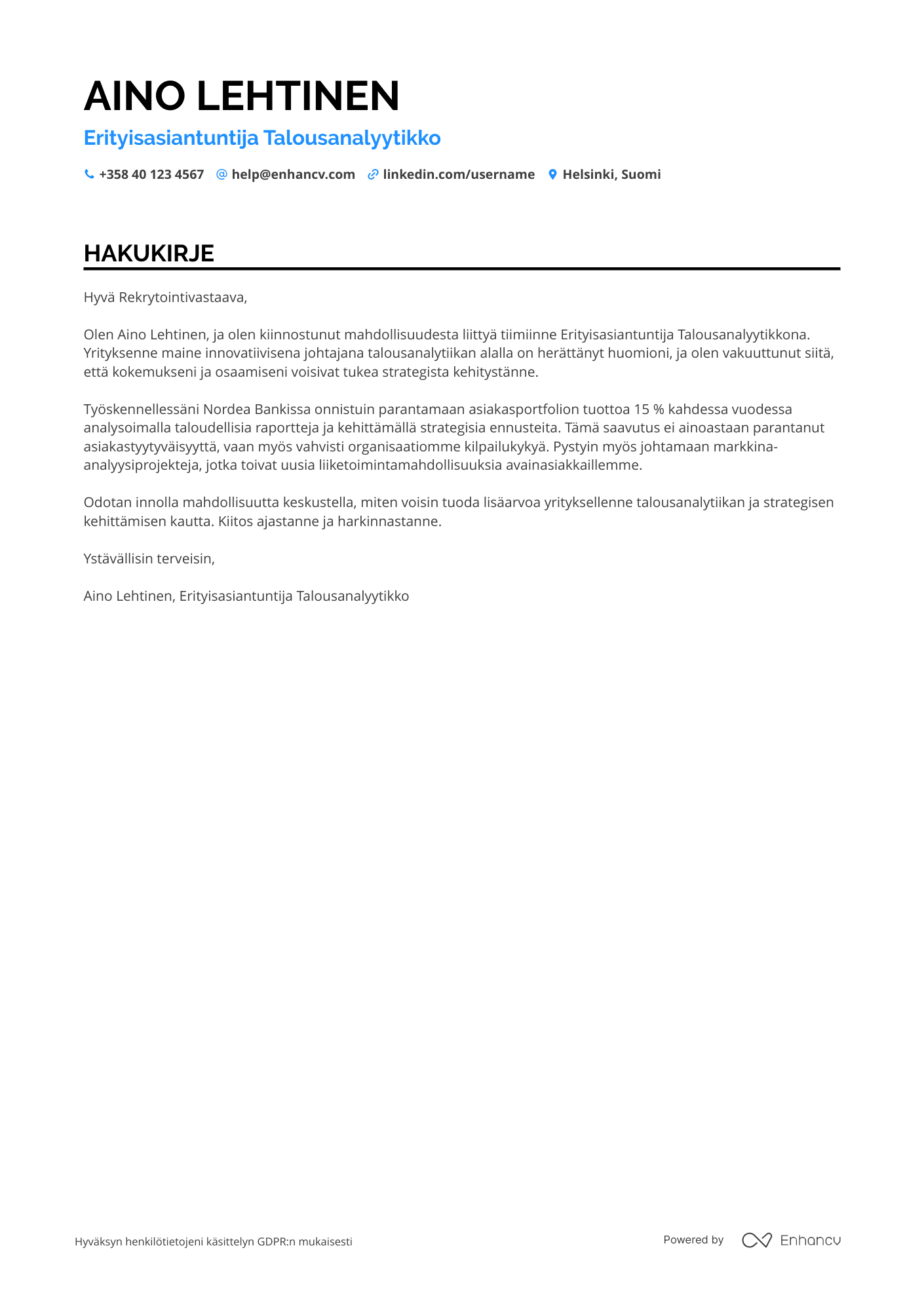 Hakukirje Erityisasiantuntija Talousanalyytikko