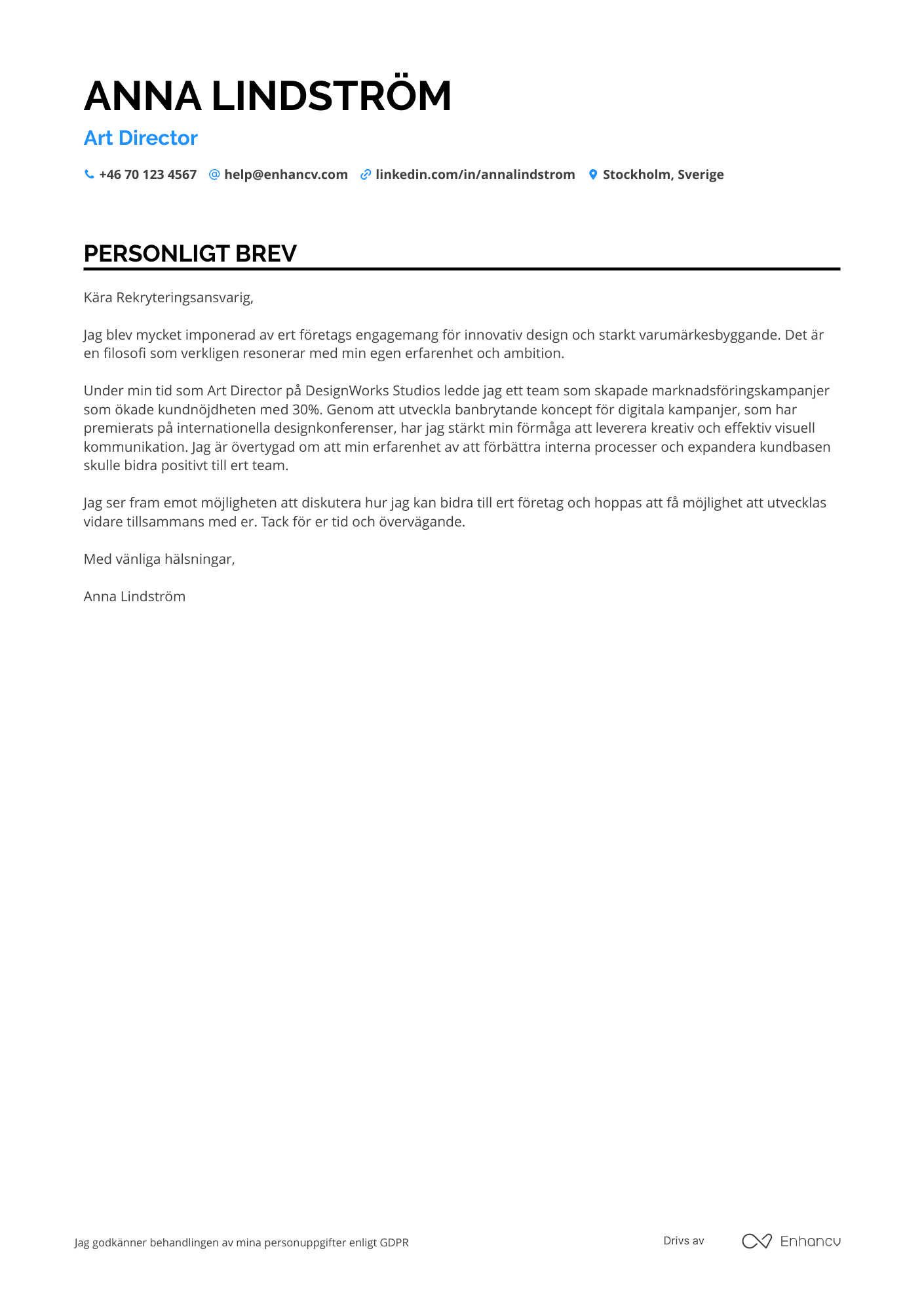 Personligt brev för Art Director