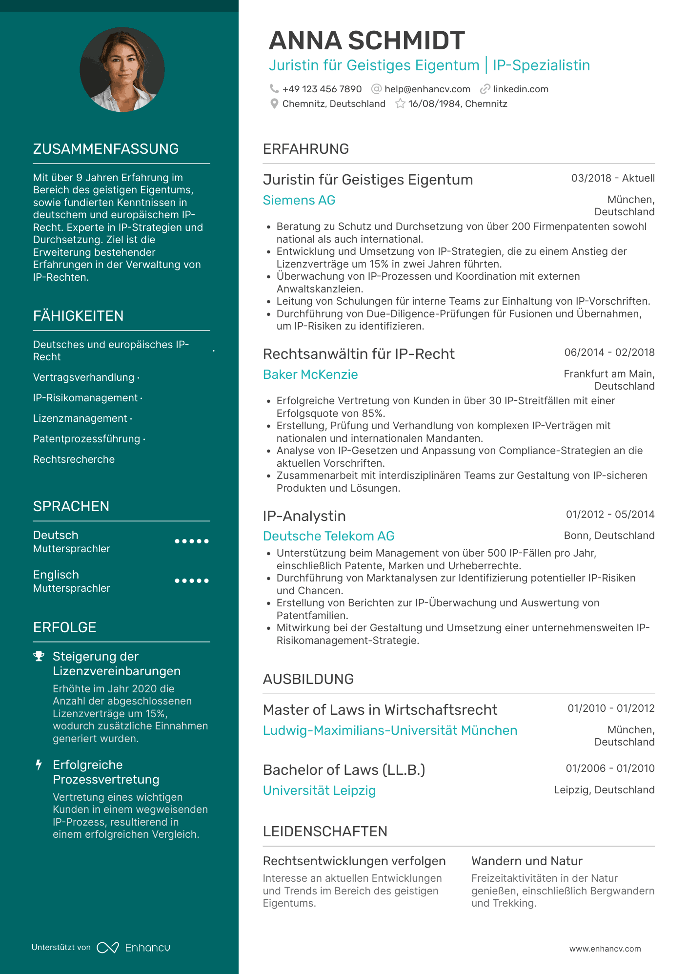 Lebenslauf als Jurist für geistiges Eigentum