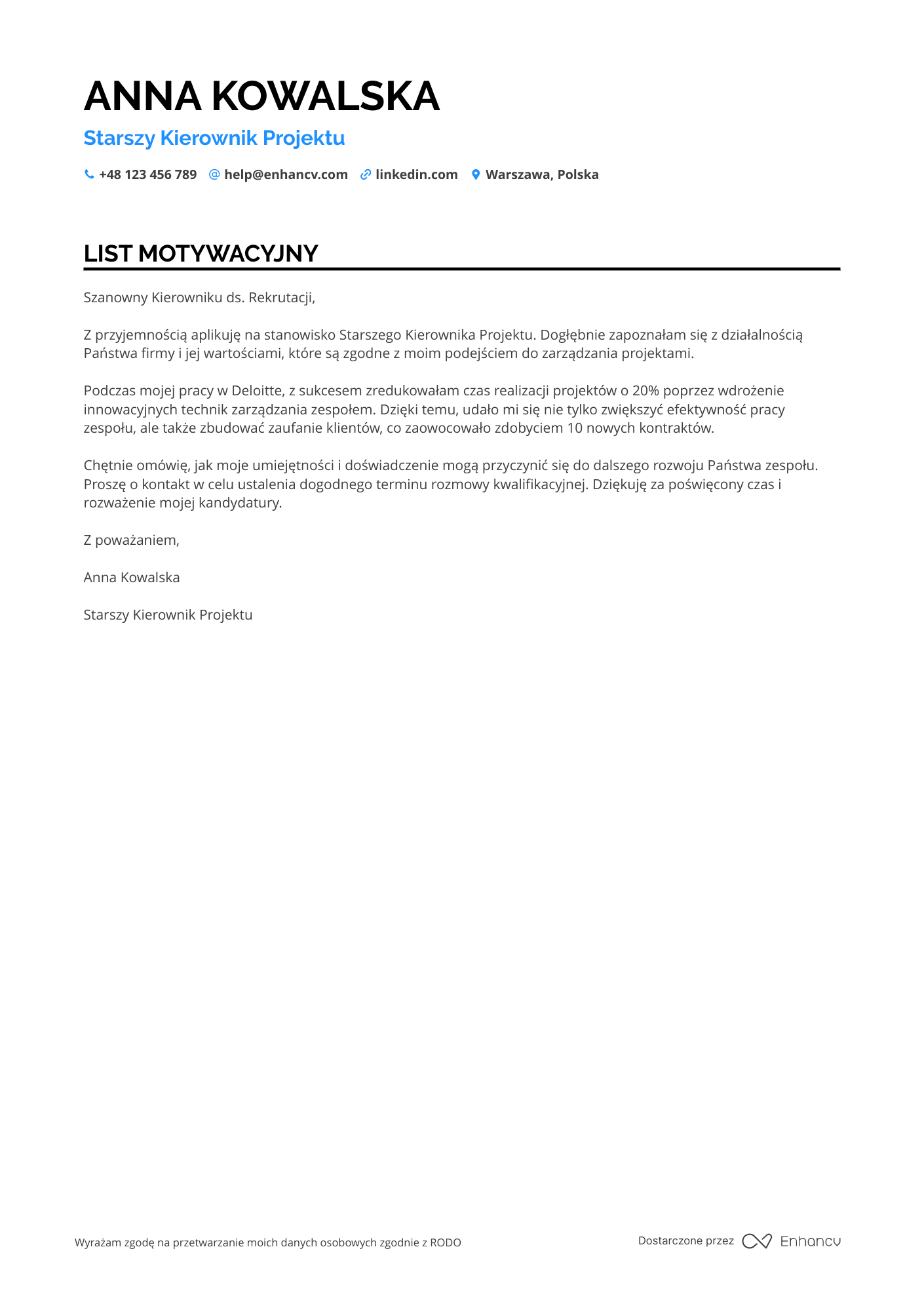 List motywacyjny dla Starszy Kierownik Projektu