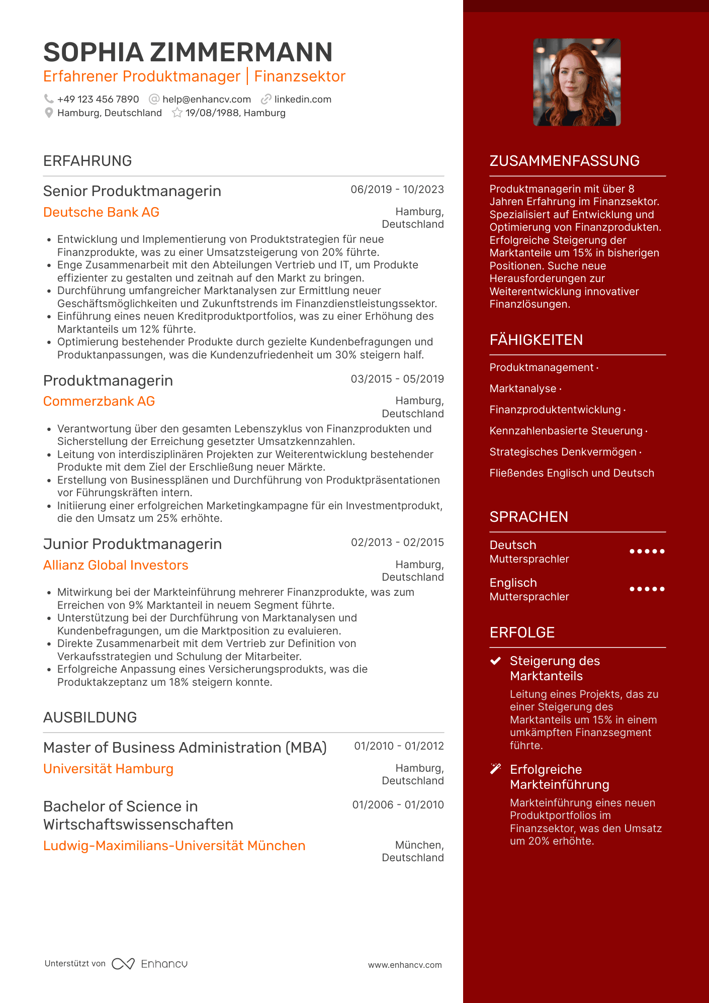 Lebenslauf in Produktmanager im Finanzsektor