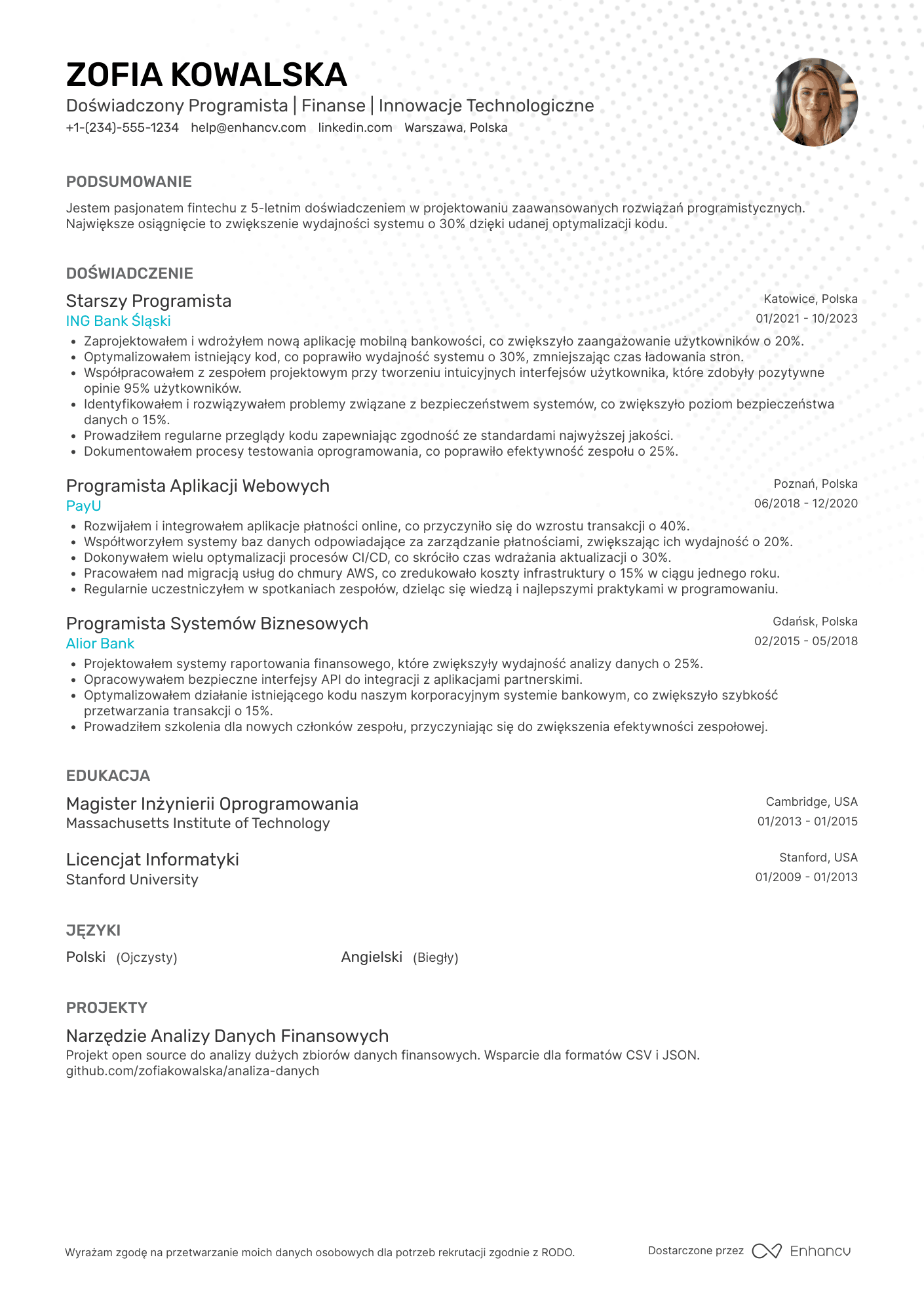 CV dla Programista dla Fintech