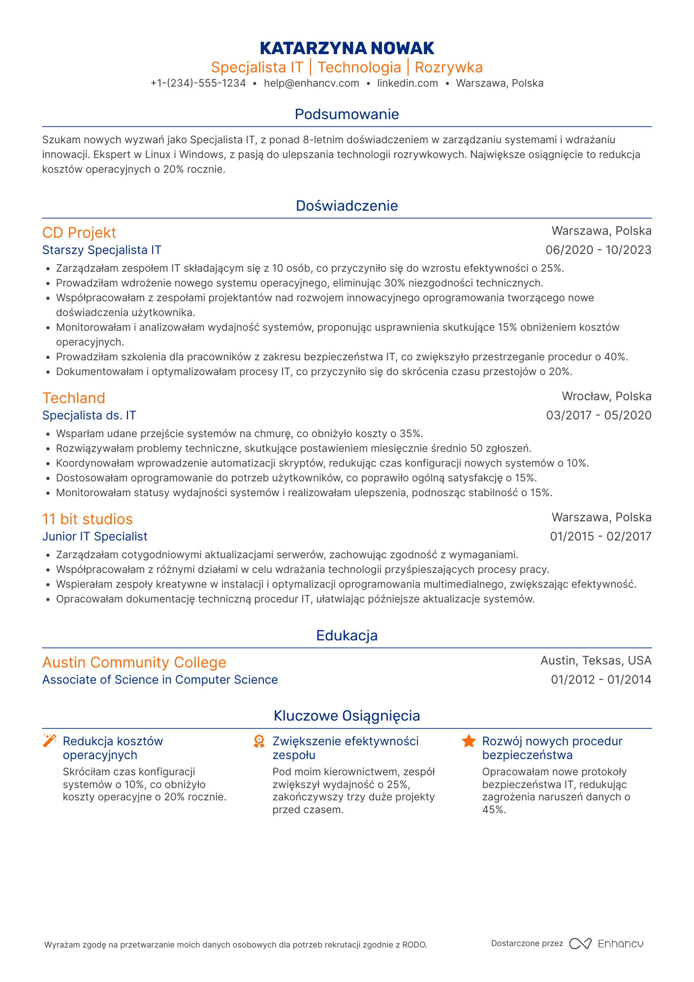 CV dla Specjalista IT w Branży Rozrywkowej