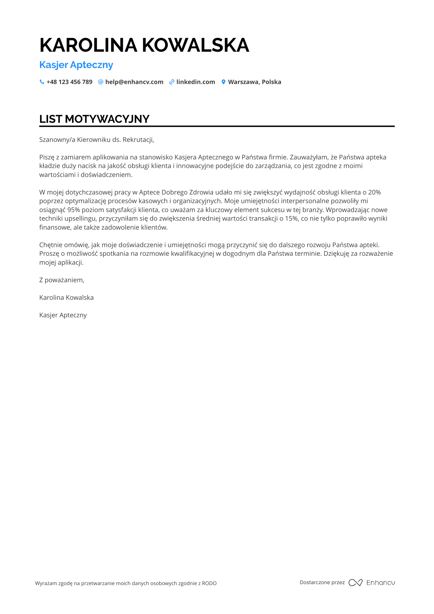 List motywacyjny dla Kasjer Apteczny