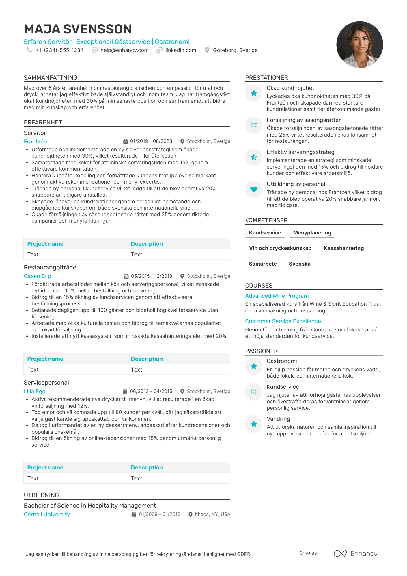 CV för Erfaren servitör