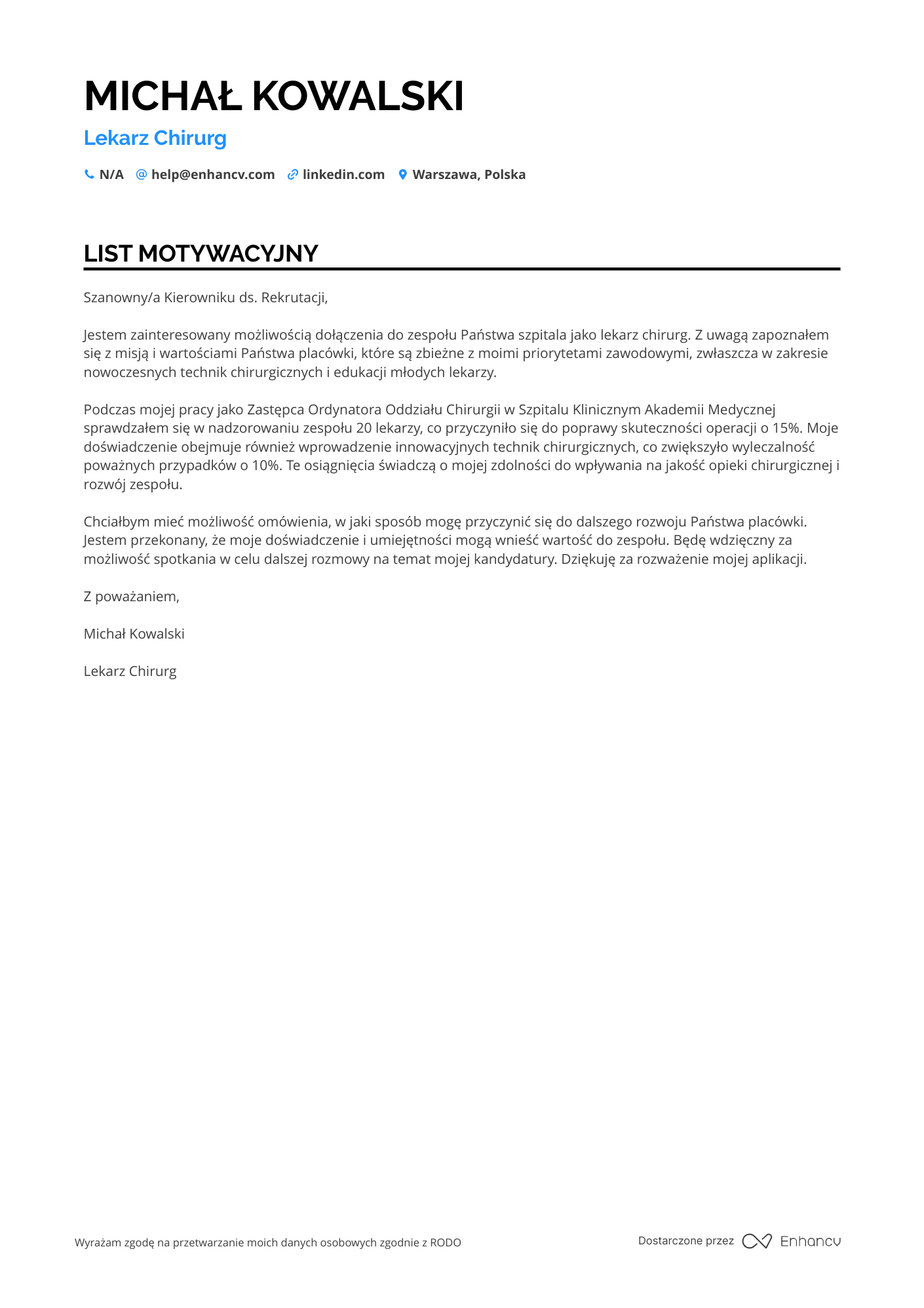 List motywacyjny dla Lekarz Chirurg