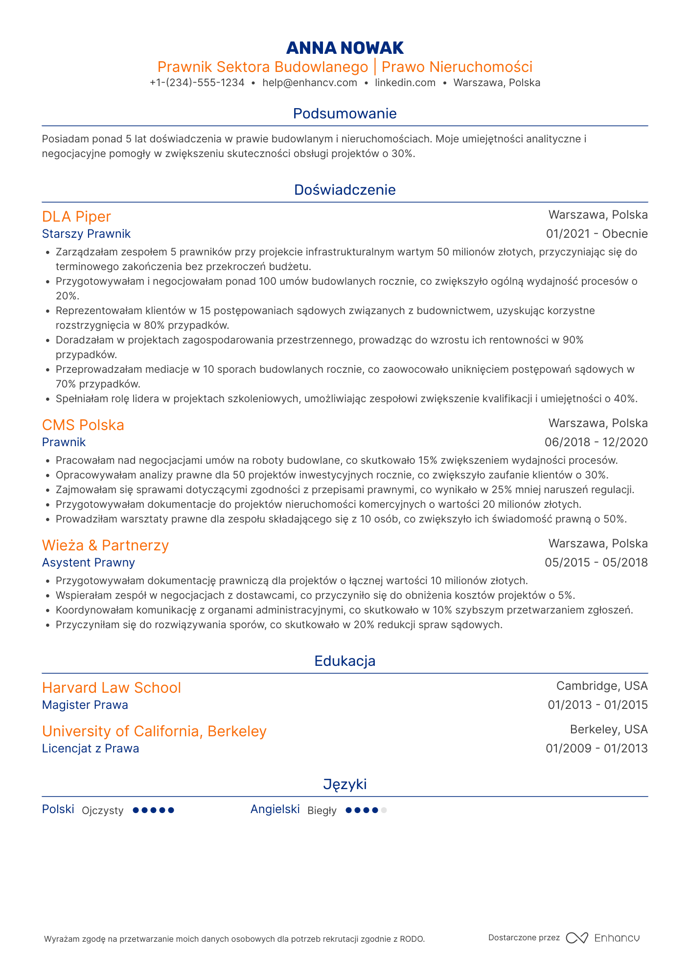 CV dla Prawnik Sektora Budowlanego