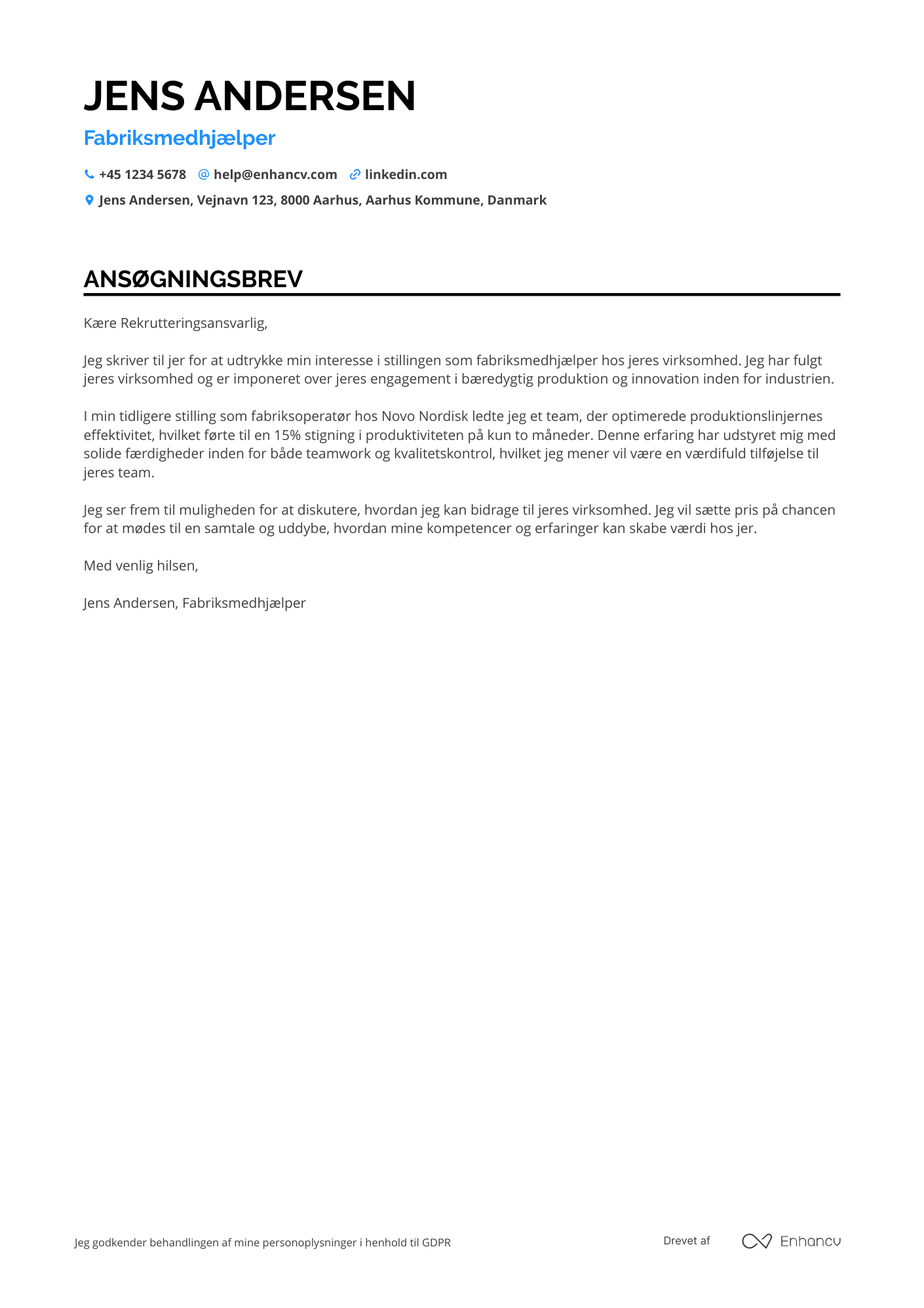 Ansøgningsbrev til Fabriksmedhjælper
