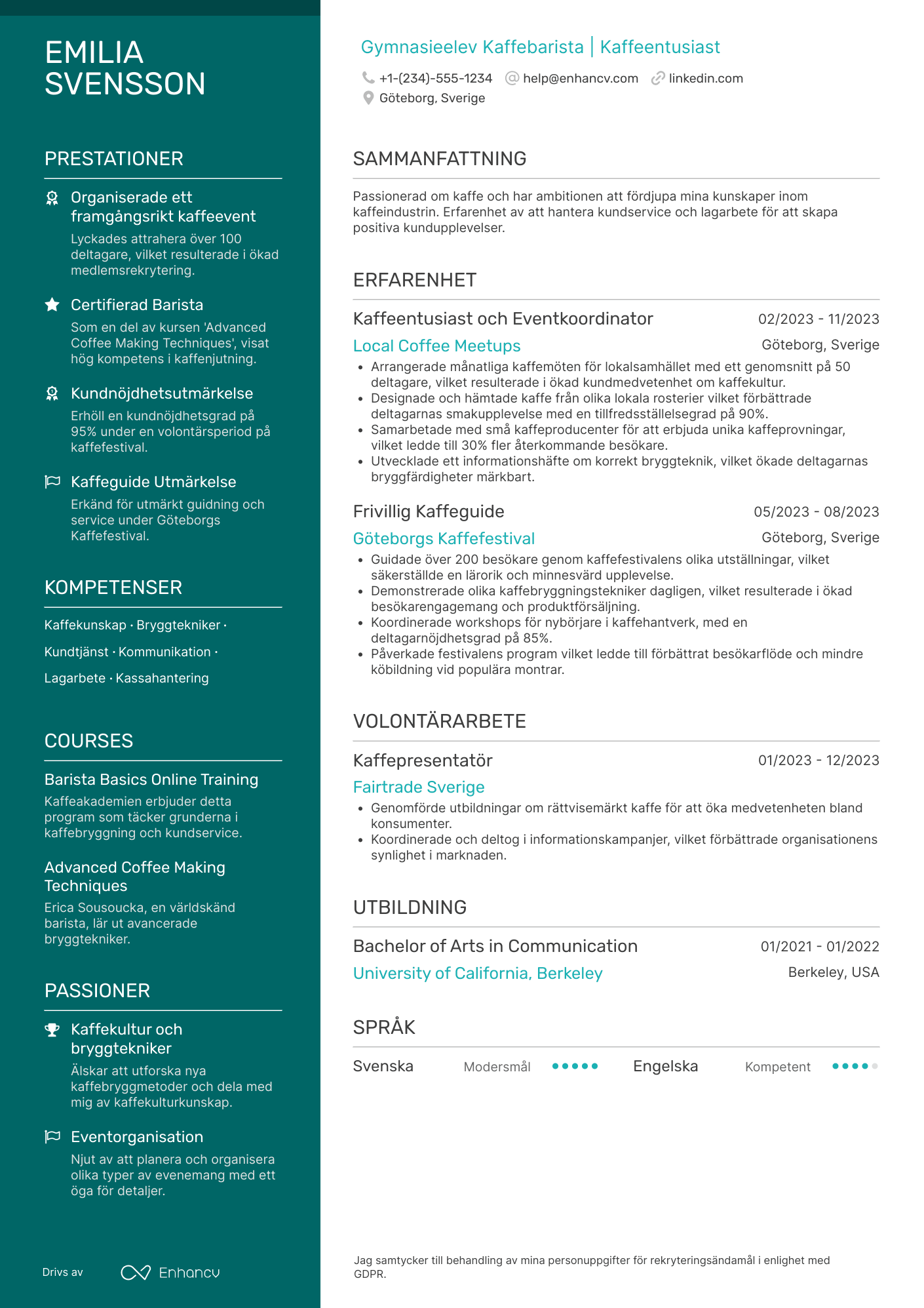 CV för Gymnasieelev Kaffebarista
