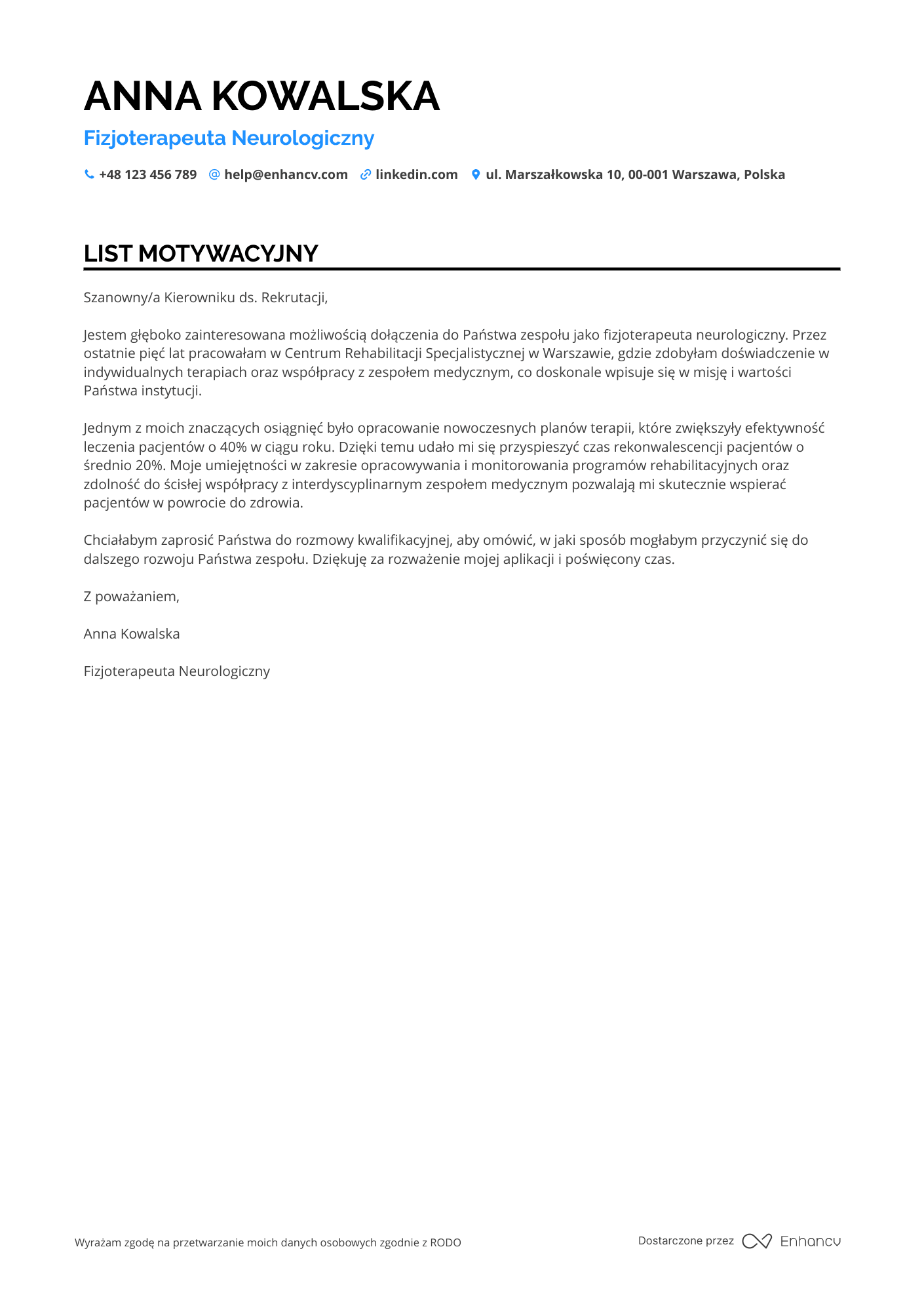List motywacyjny dla Fizjoterapeuta Neurologiczny