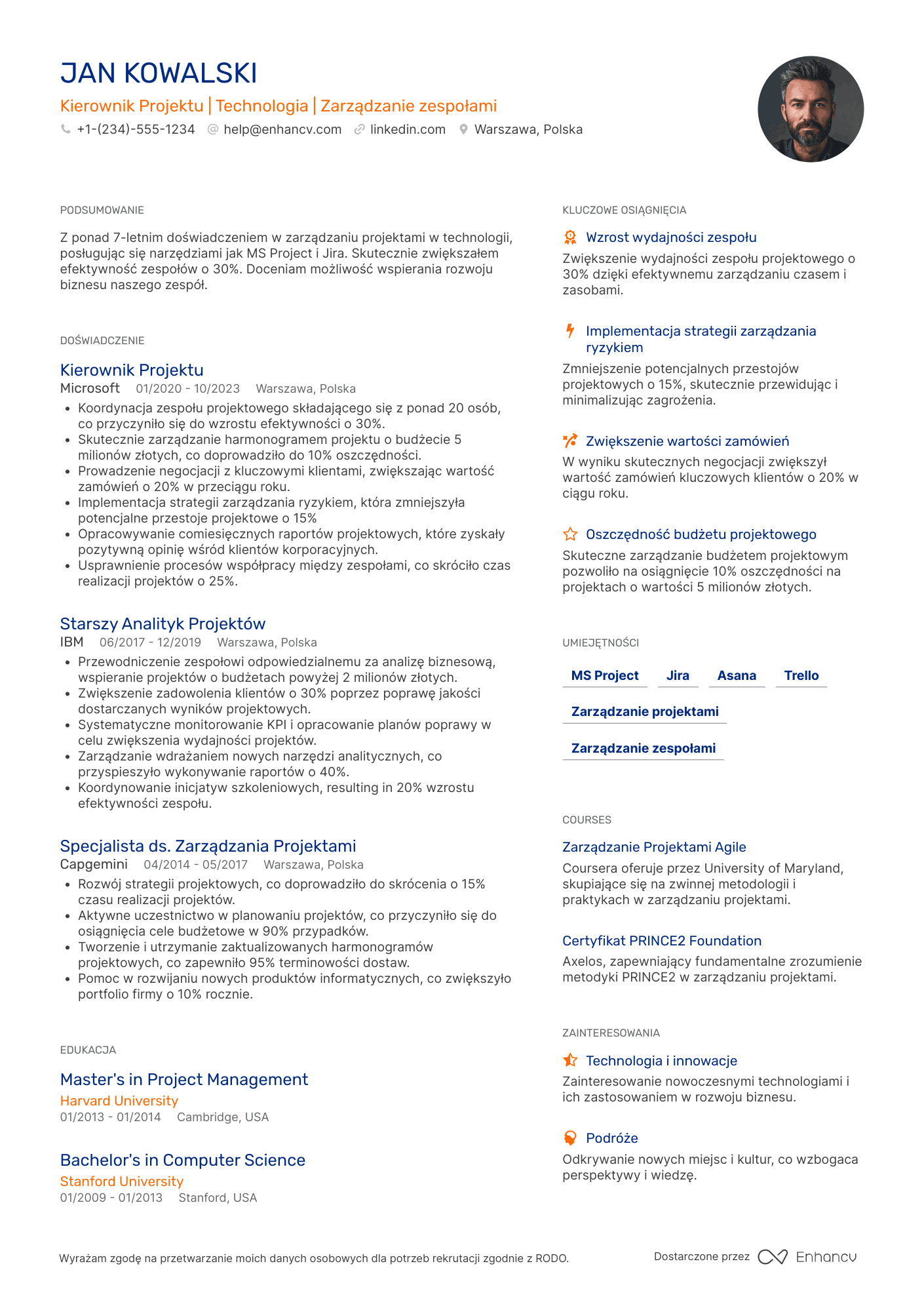 CV dla Kierownik Projektu ds. Rozwoju